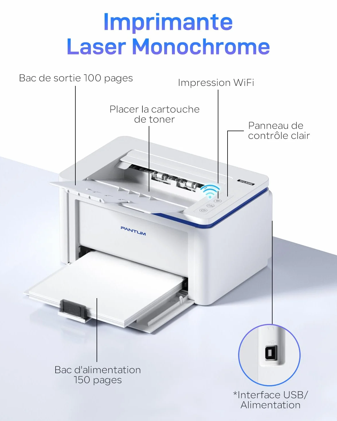 PANTUM BP2309W Imprimante Laser WiFi Noir et Blanc, 20 Pages/Minute, Recto-Verso Manuel, Airprint Mopria