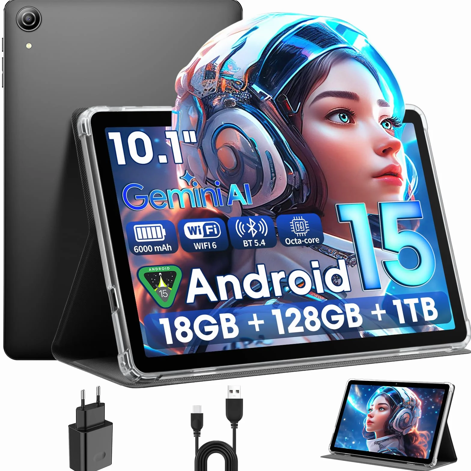 Tablette Android 15 10 Pouces RAM 18Go ROM 128Go TF 1To IPS HD 1280x800 UNISOC T30 WiFi 5G BT5.4 Gris