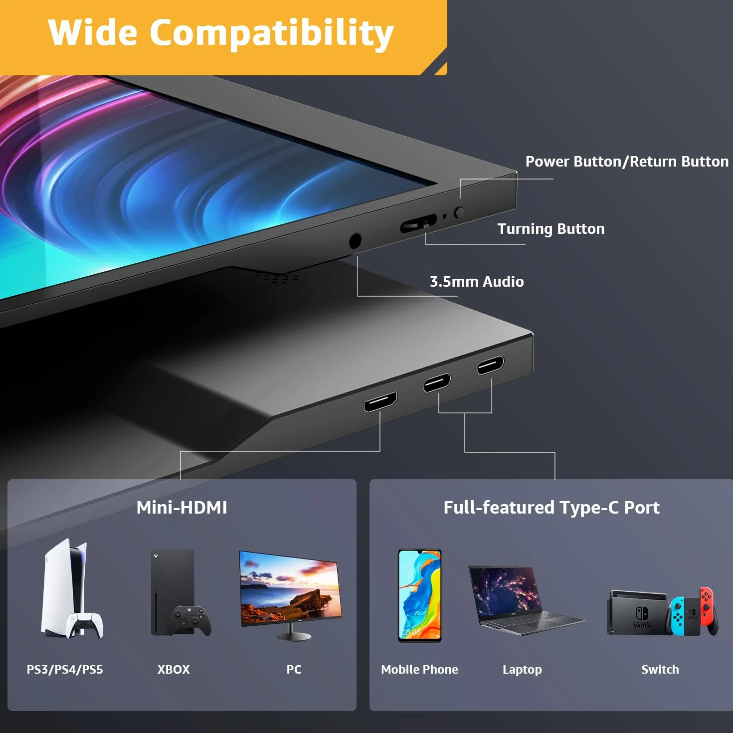 Yodoit Écran Portable 15,6" FHD Moniteur IPS HDMI USB Type C Haut-parleurs Intégrés pour PC MacBook Xbox PS5 Switch