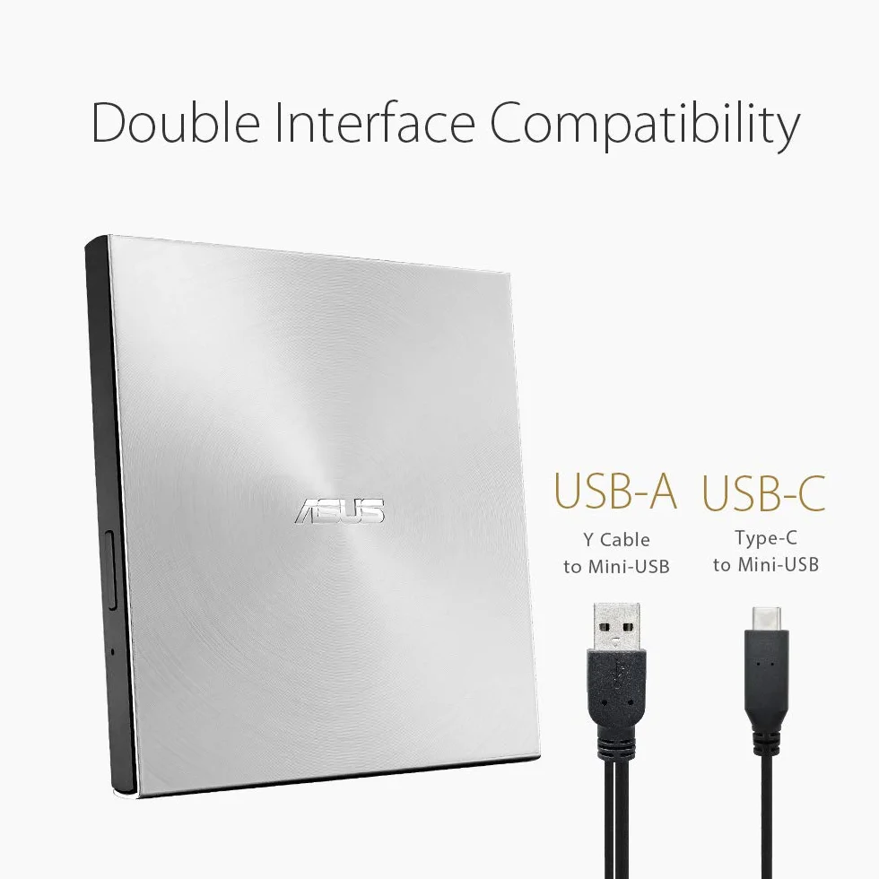 ASUS ZenDrive U9M Argent Graveur DVD x8 ultra-compact M-Disc supporté USB 3.0 Type-C Type-A Windows Mac OS