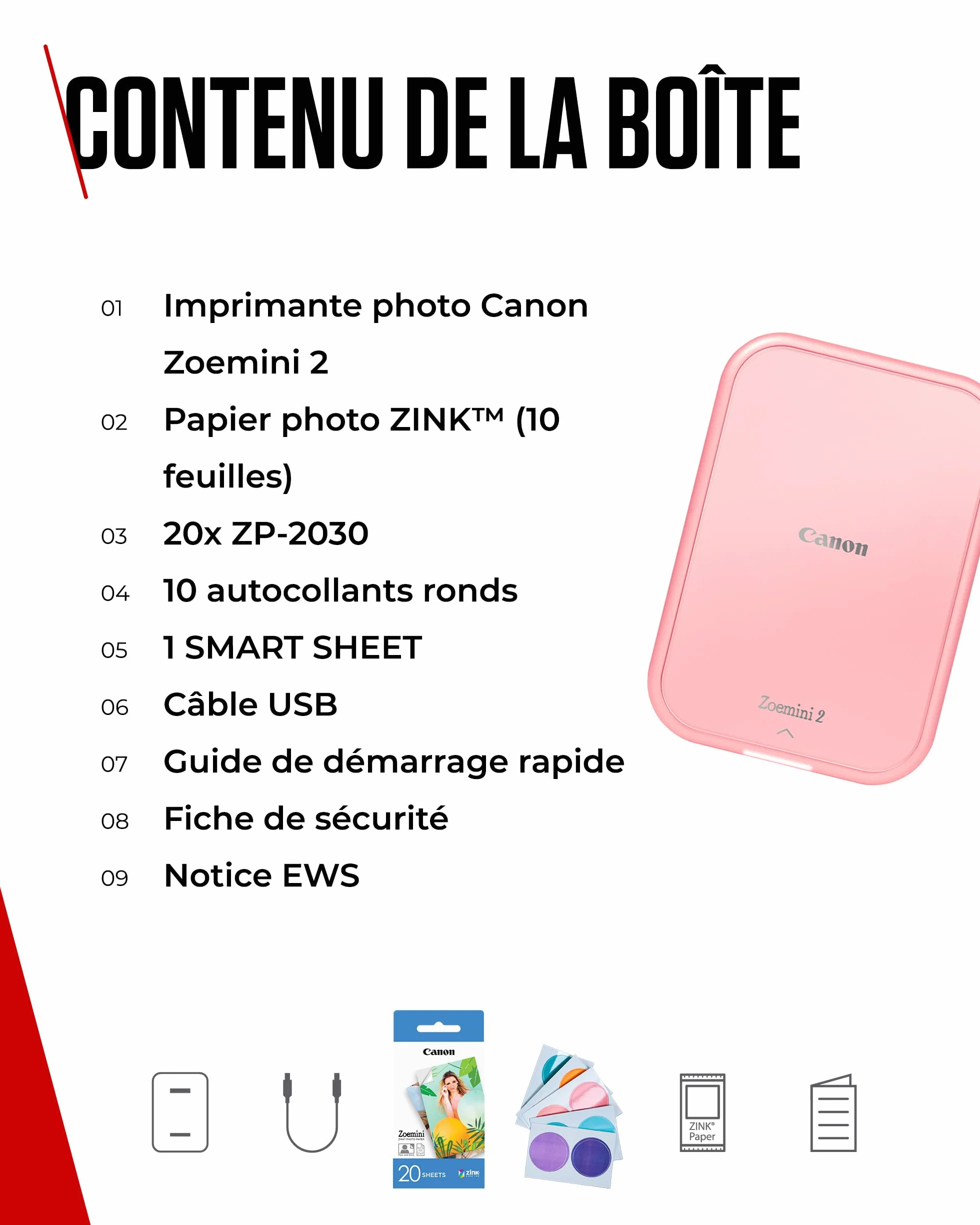 Canon Zoemini 2 Kit d'impression Imprimante Photo Portable Bluetooth 5.0 USB-C Rose Gold