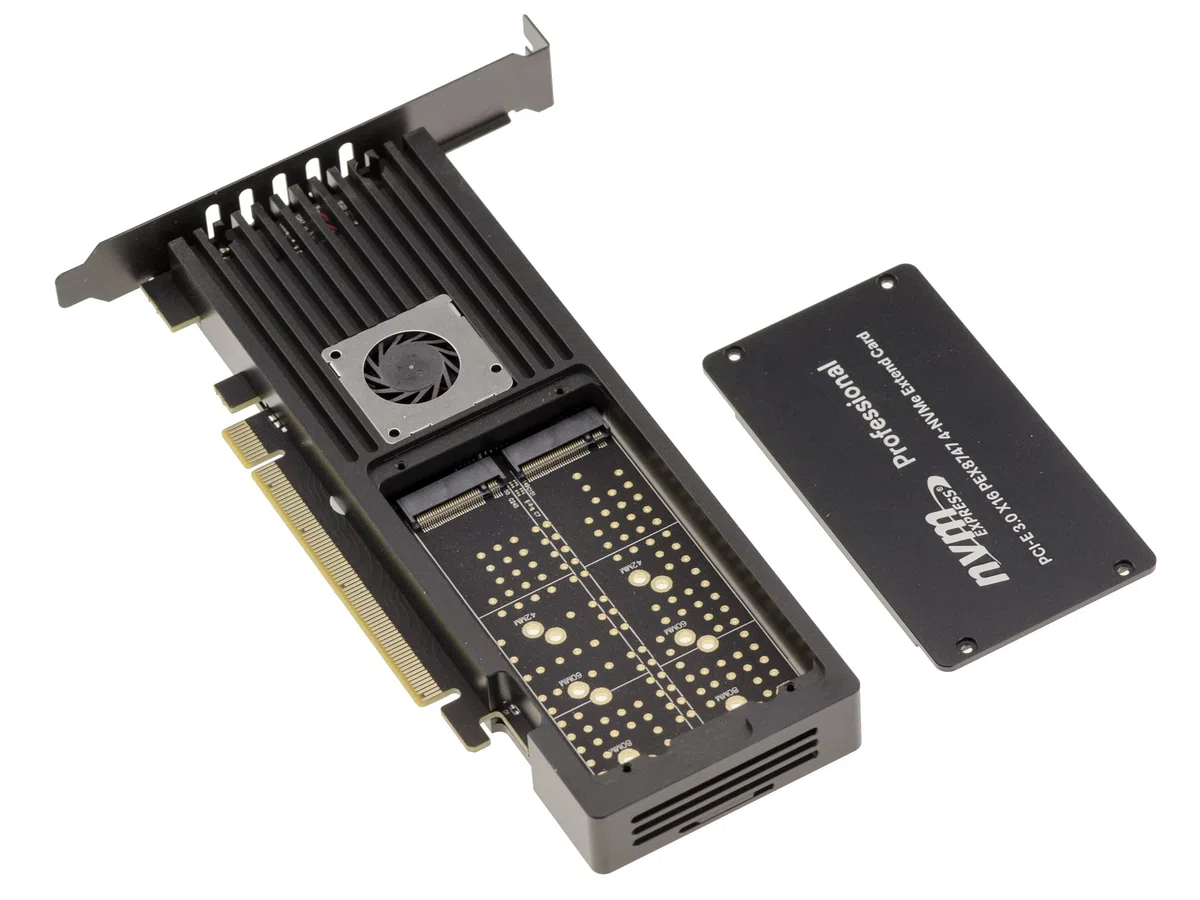 KALEA-INFORMATIQUE Carte PCIe x16 4 SSD M.2 NVMe ventilée | Carte PCIe 4 SSD NVMe avec coffrage aluminium ventilé