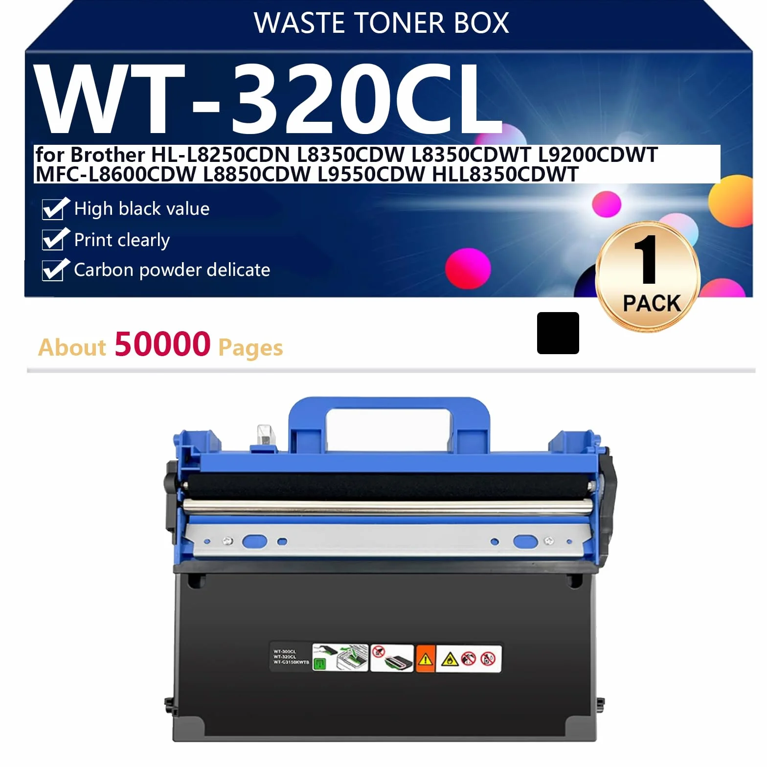 Noir WT-320CL Boîtier de Récupération de Toner Haute Capacité Compatible Brother HL-L8250CDN L8350CDW L8350CDWT L9200CDWT 50000 Pages