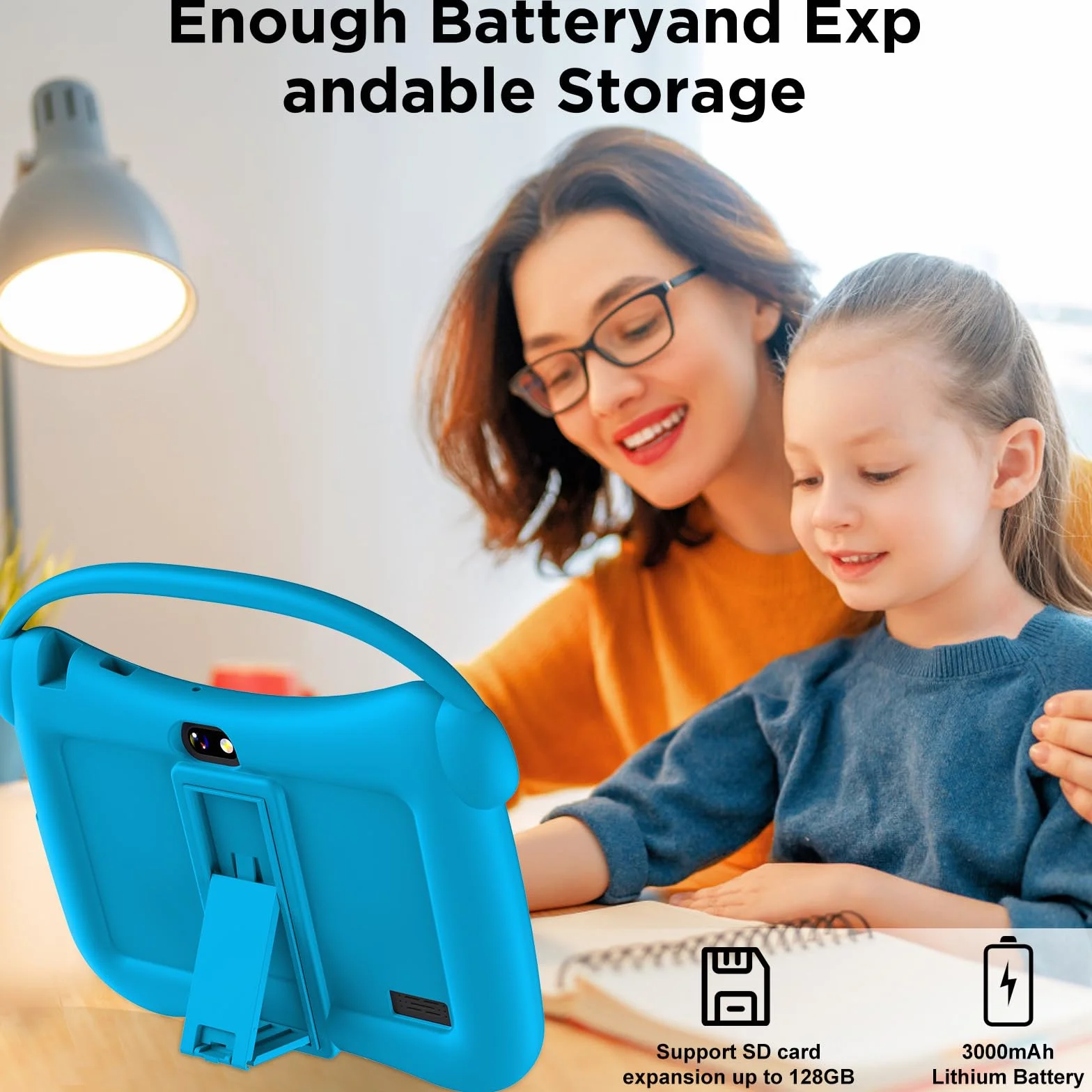 Tablette Éducative Enfant 7 Pouces Android WiFi Contrôle Parental Double Caméra Étui Sécurité 2 Go RAM 32 Go ROM 128 Go Extensible 3-12 Ans Bleu