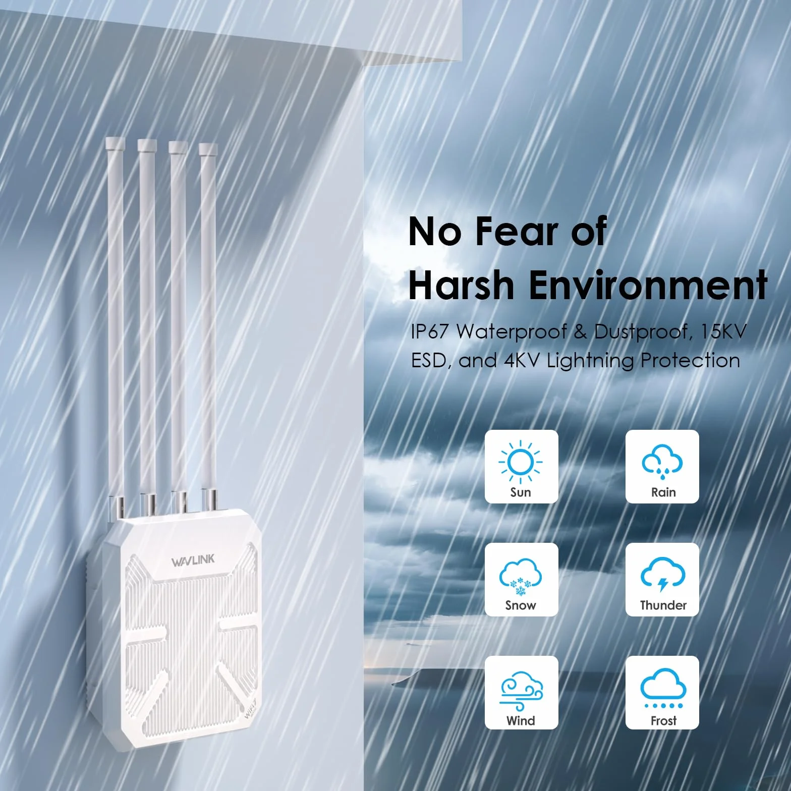 Routeur WiFi 7 WAVLINK Extérieur BE5100 Mesh IP67 Étanche PoE Antennes 8dBi Longue Portée