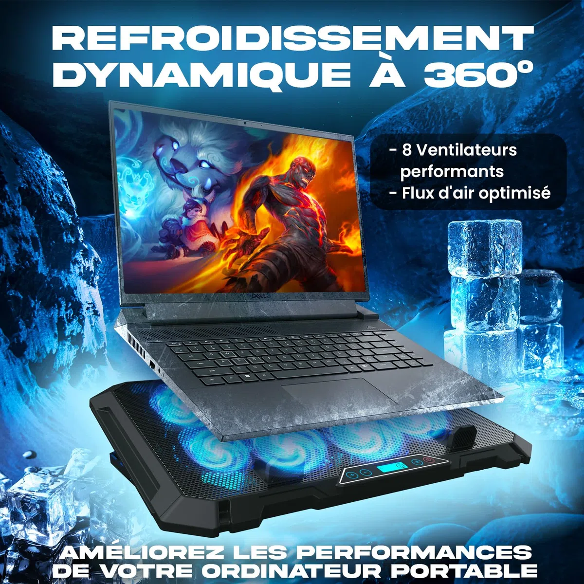 KLIM V8 Refroidisseur PC 8 Ventilateurs Rétroéclairage RGB Support Ventilé Ordinateurs 11" à 17" 2 Ports USB