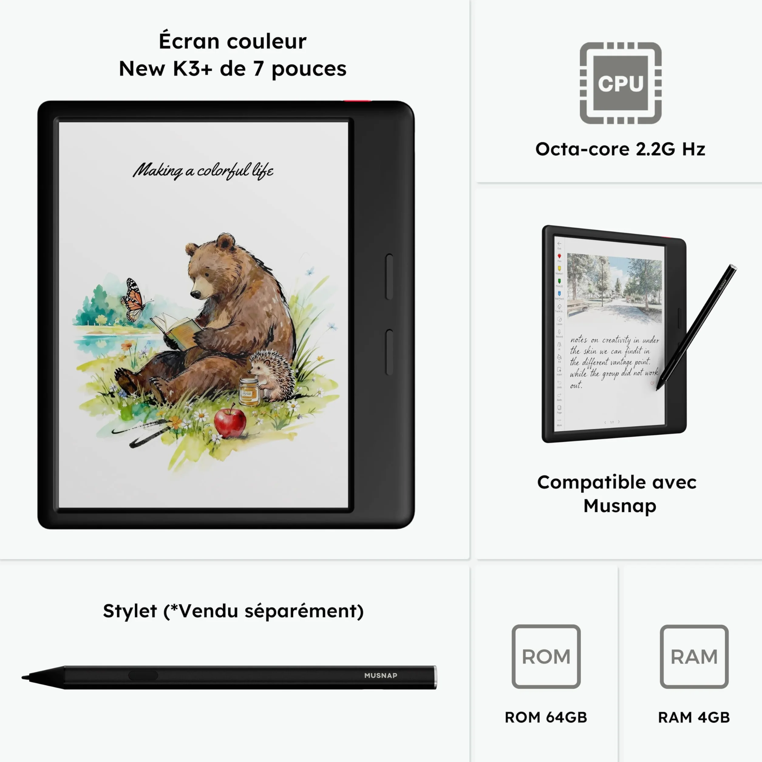 Ocean C 64 Go + 4 Go Lecteur eBook couleur 7" E-Ink avec batterie longue durée
