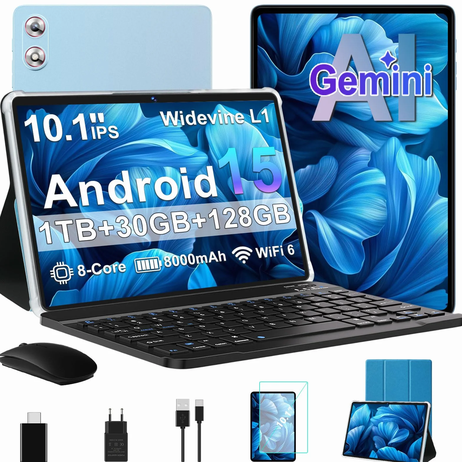 Tablette Android 15 Gemini AI 10,1 Pouces 30Go RAM 128Go ROM Octa-Core 8000mAh Wi-Fi 6 Bleu
