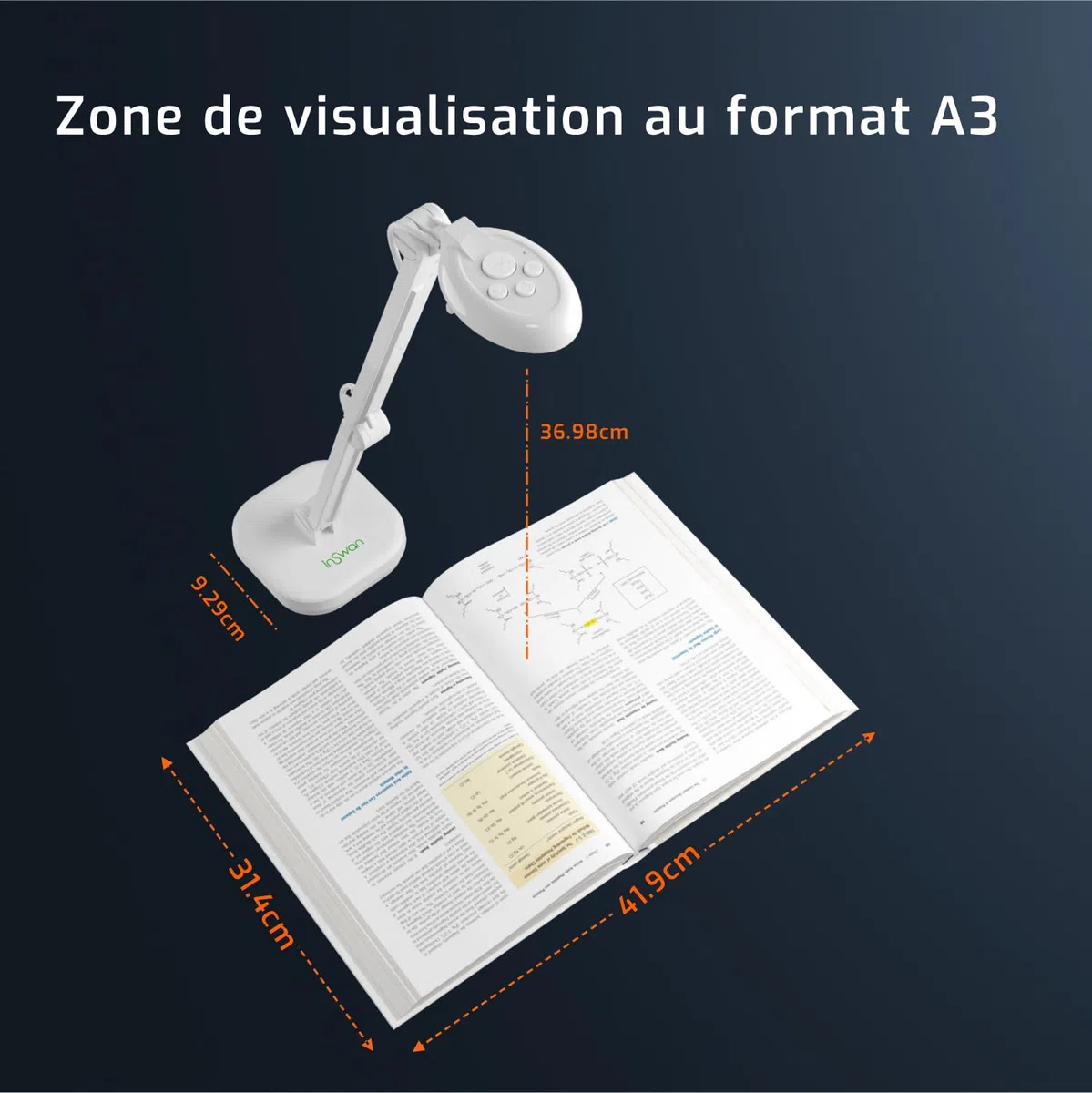 INSWAN INS-2 13MP Visualiseur de Documents USB 4K Ultra HD Autofocus Double Mode Capture A3 pour Enseignants