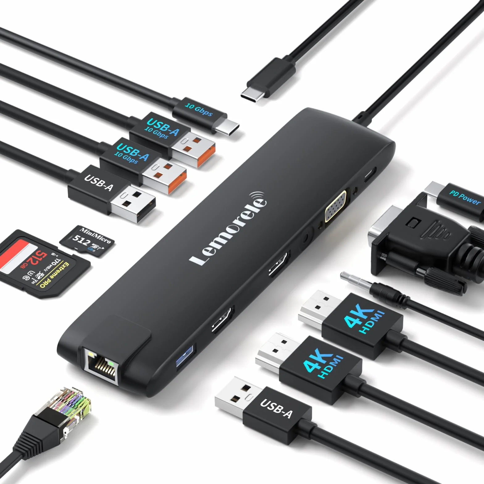 Lemorele Station d'accueil USB C 13-en-1 Dual HDMI 4K VGA Audio USB 3.1 PD 100W SD/TF pour MacBook Dell Windows