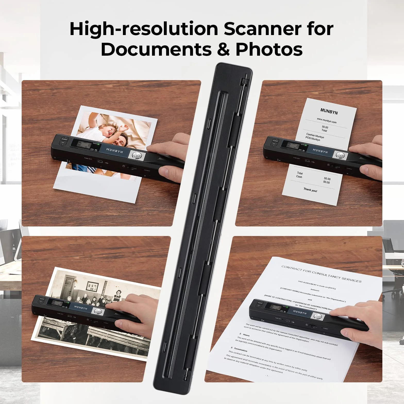 MUNBYN Mini Scanner de Poche Portable sans Fil 900 DPI A4 JPG/PDF LCD Noir