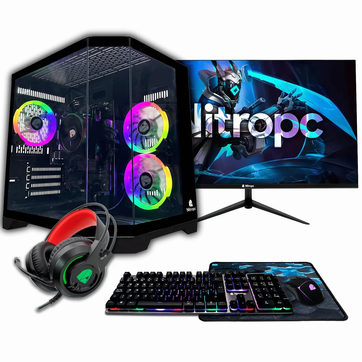 NitroPC Pack Avancé PC Gaming Complet AMD Ryzen 5 3400G 4,2GHz RX Vega 11 RAM 16Go SSD 480Go Windows 11 Pro WiFi Moniteur 24" Clavier Souris Casque Ordinateur Bureau Noir