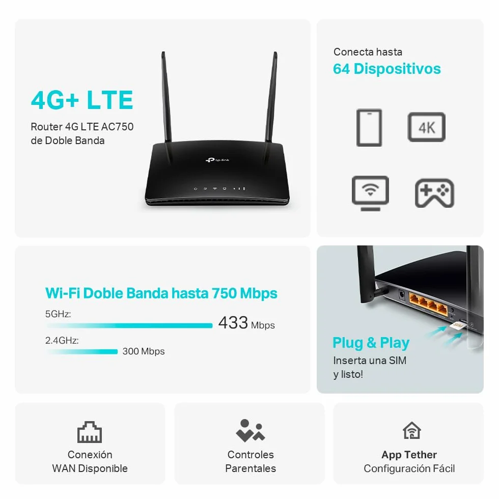 TP-Link Archer MR200 Routeur 4G LTE 150Mbps WiFi AC 750Mbps 2 SMA Externe 4 Ports Ethernet Antennes Amovibles Modem Carte SIM