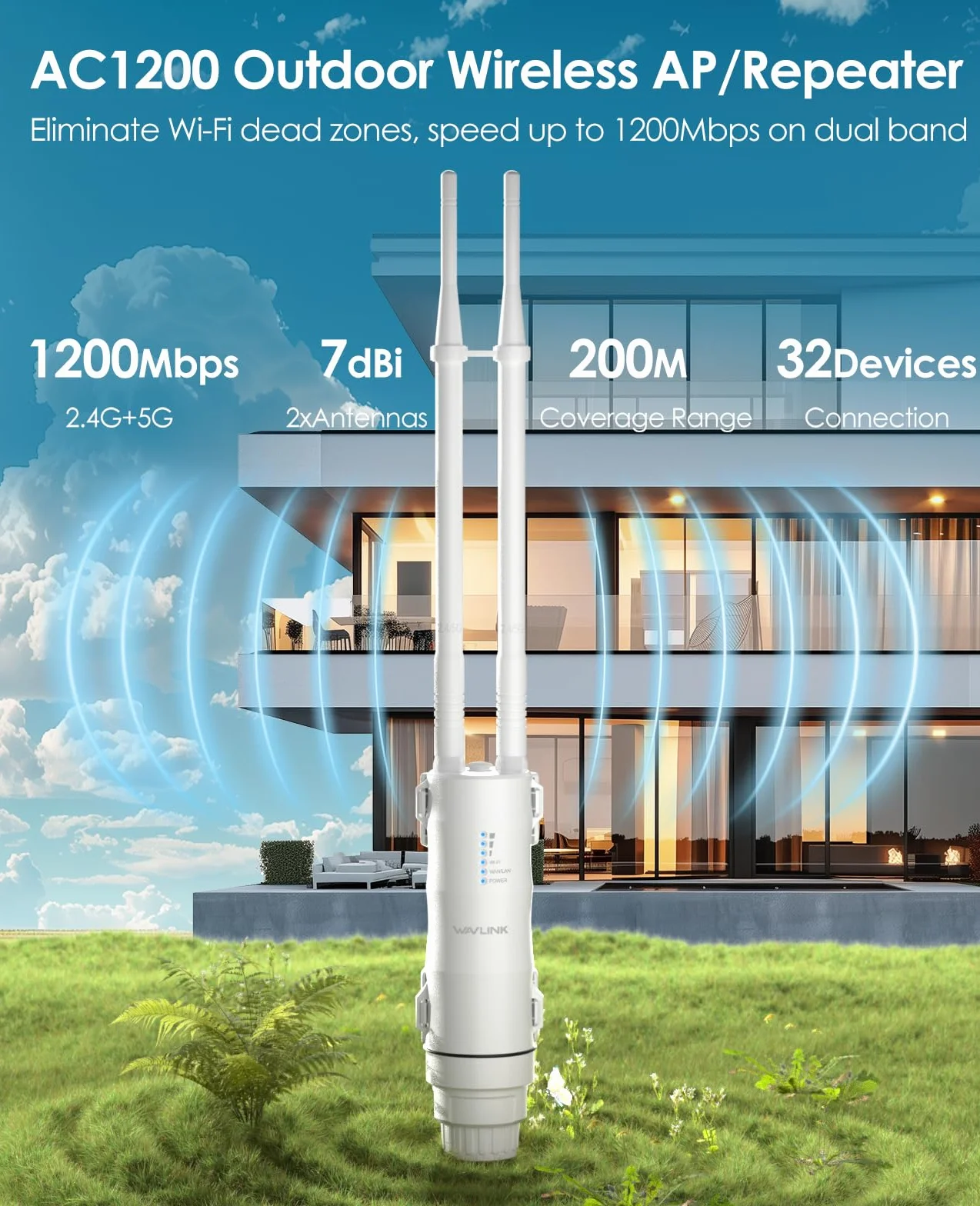 WAVLINK AC1200 Répéteur WiFi Extérieur Longue Portée PoE IP67 Étanche Double Bande 2.4G 5G Point d'Accès Outdoor Antennes Puissantes