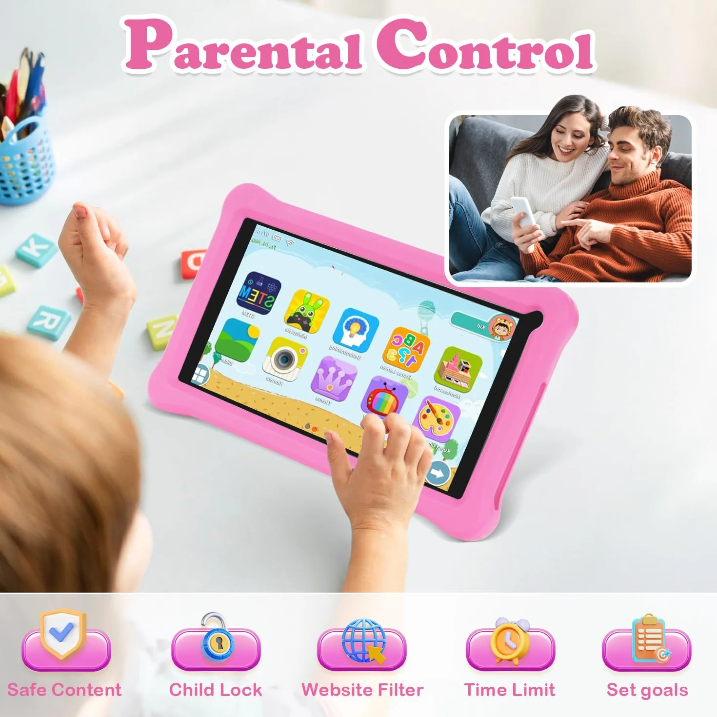 Tablette Enfants 7 Pouces Android Éducative 8Go RAM 64Go ROM TF 256Go Contrôle Parental Bluetooth WiFi Étui Antichoc EVA Rosa