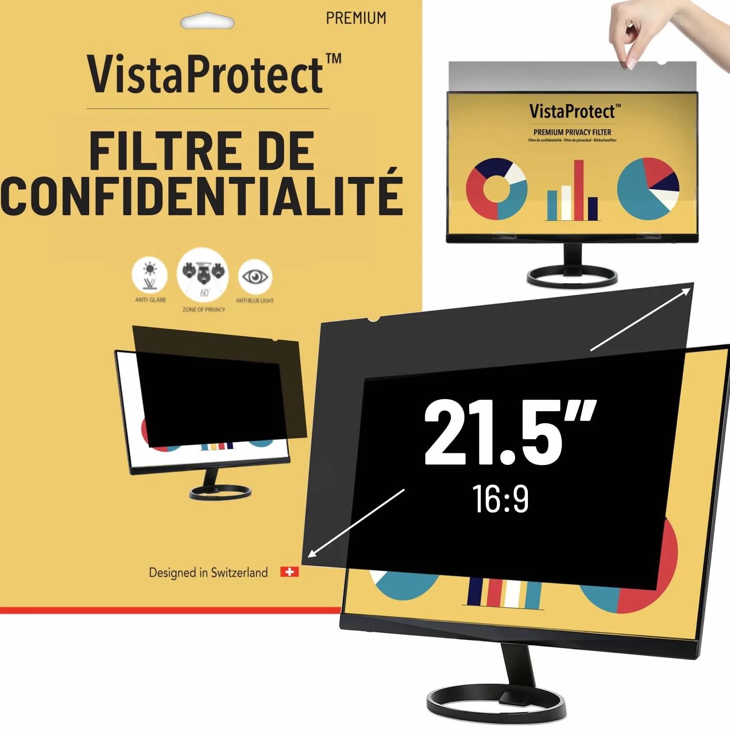 VistaProtect Filtre de Confidentialité Anti-Lumière Bleu 2-en-1 pour Écran Ordinateur Moniteur 21.5 Pouces