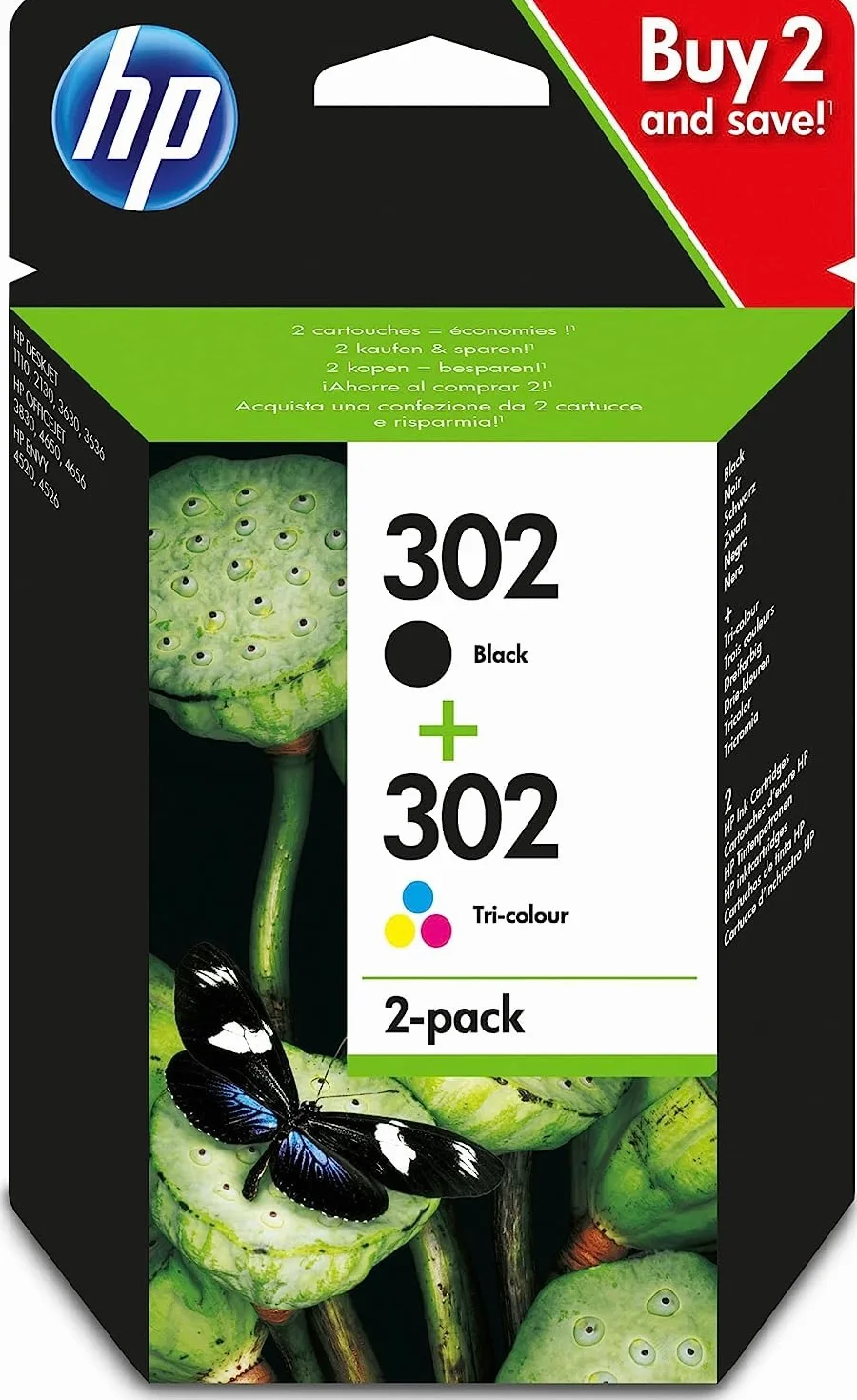 HP 302 Cartouches d'Encre Originales, Pack de 2, Noir, Cyan, Jaune, Magenta, Compatible DeskJet 1110/2100/3600, ENVY 4500, OfficeJet 3800/4600/5200