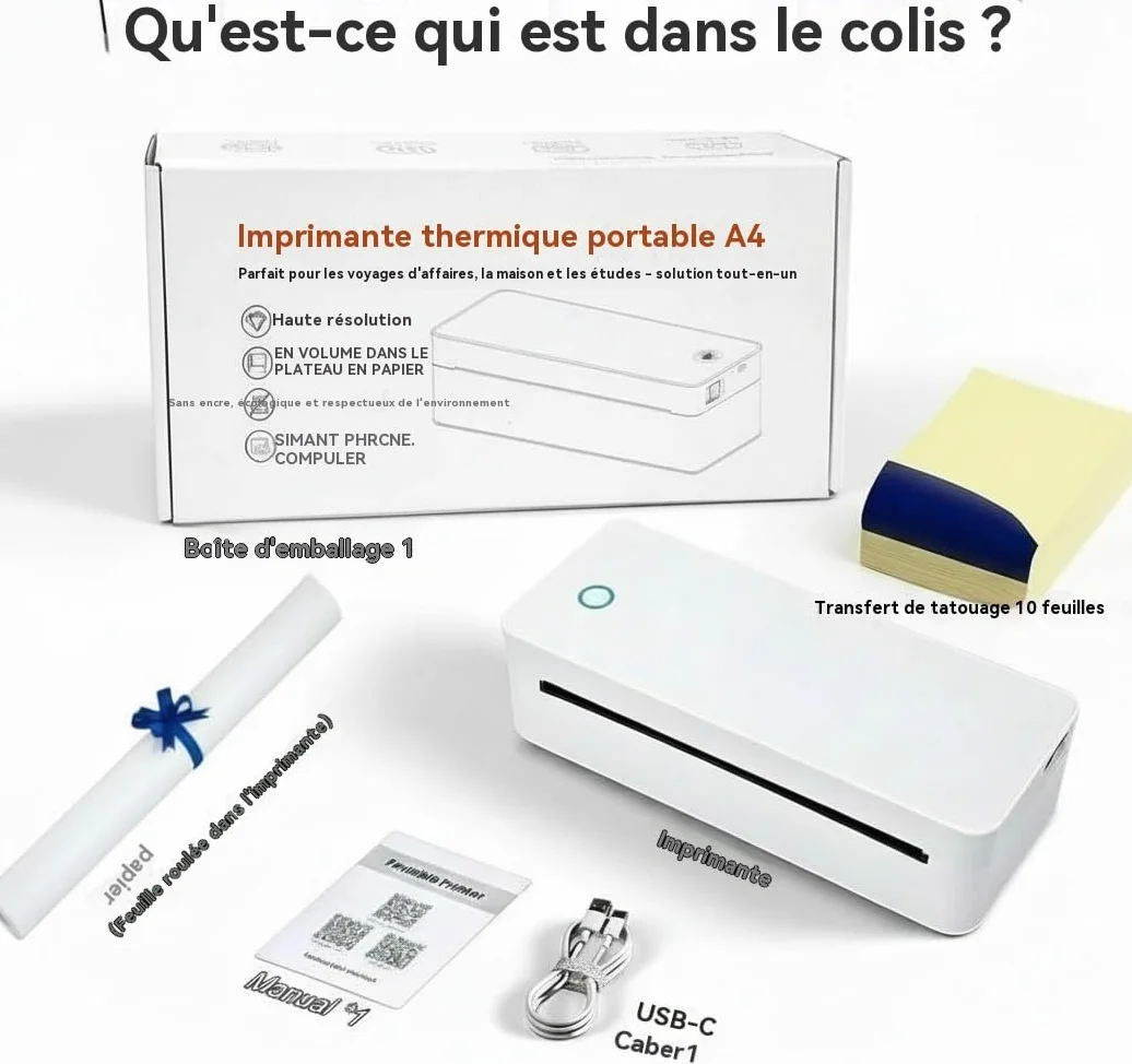 Imprimante de Transfert pour Tatouage A4, Machine Thermique avec 10 Feuilles et 1 Rouleau Papier Blanc