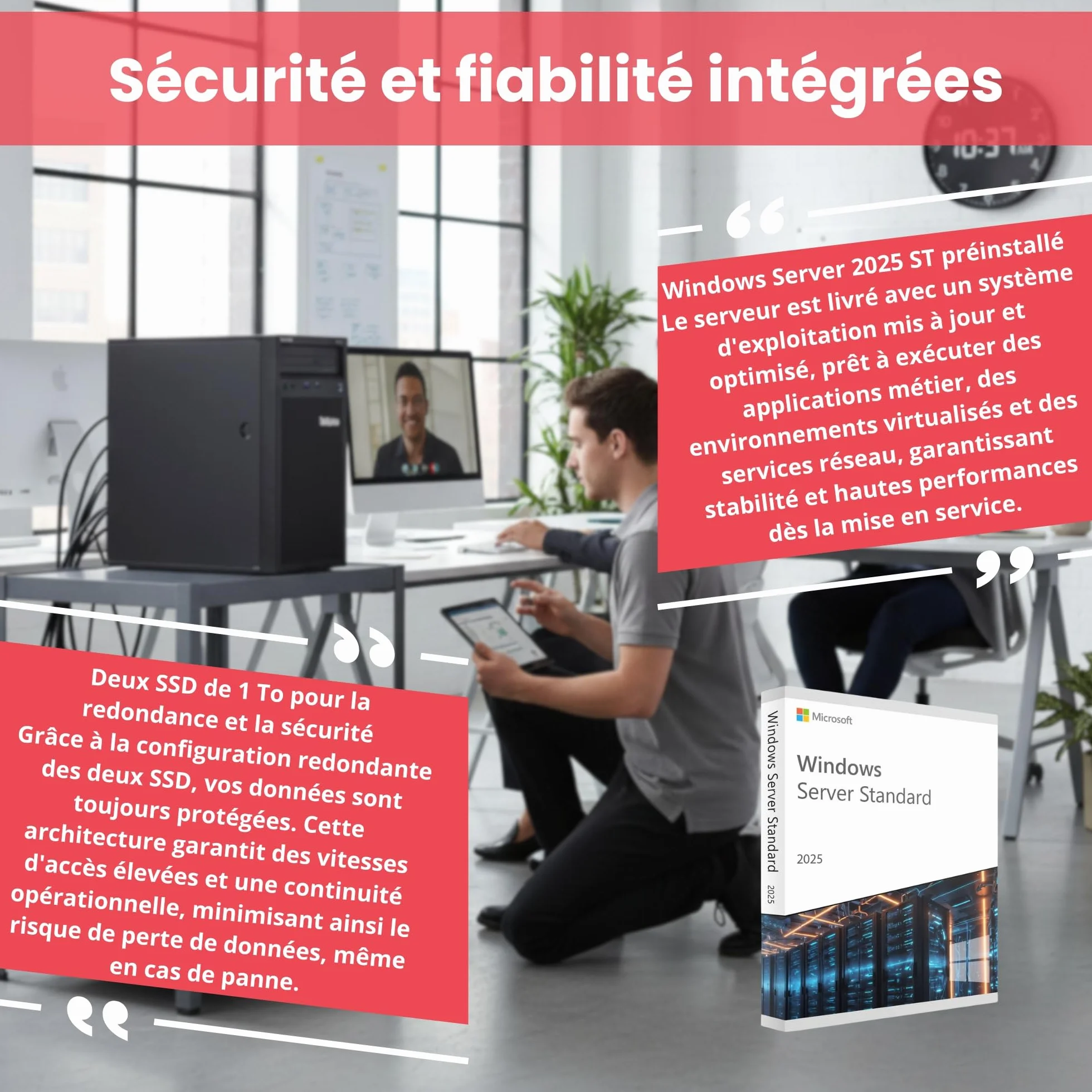 Lenovo ThinkSystem ST50 Serveur Intel Xeon E-2224G 16 Go ECC RAM SSD 2×1 To Win Server 2025 Standard Reconditionné