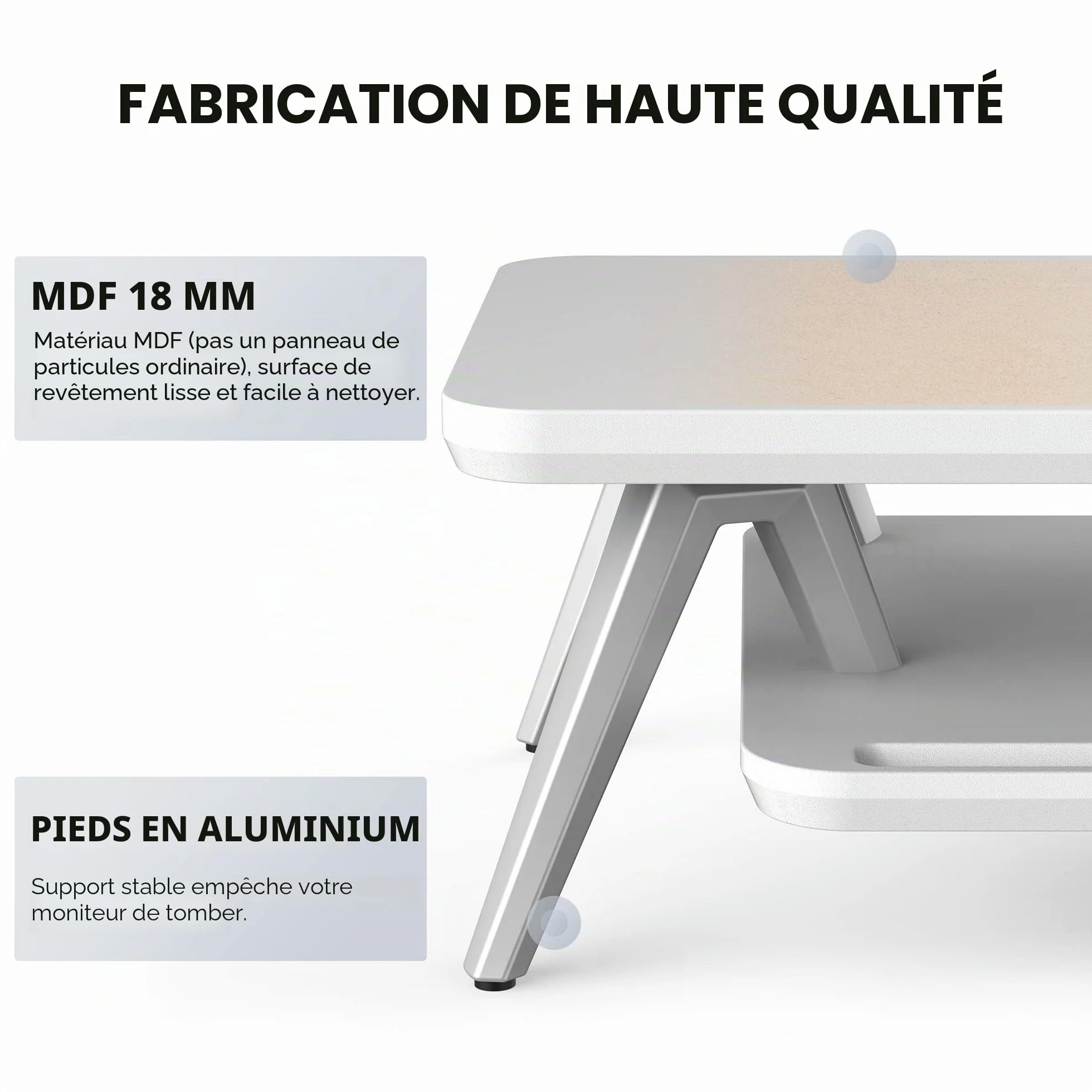 Rehausseur Écran Bureau en Bois et Métal avec Encoche pour Smartphone, Tablette et Stylo, 108cm, Blanc