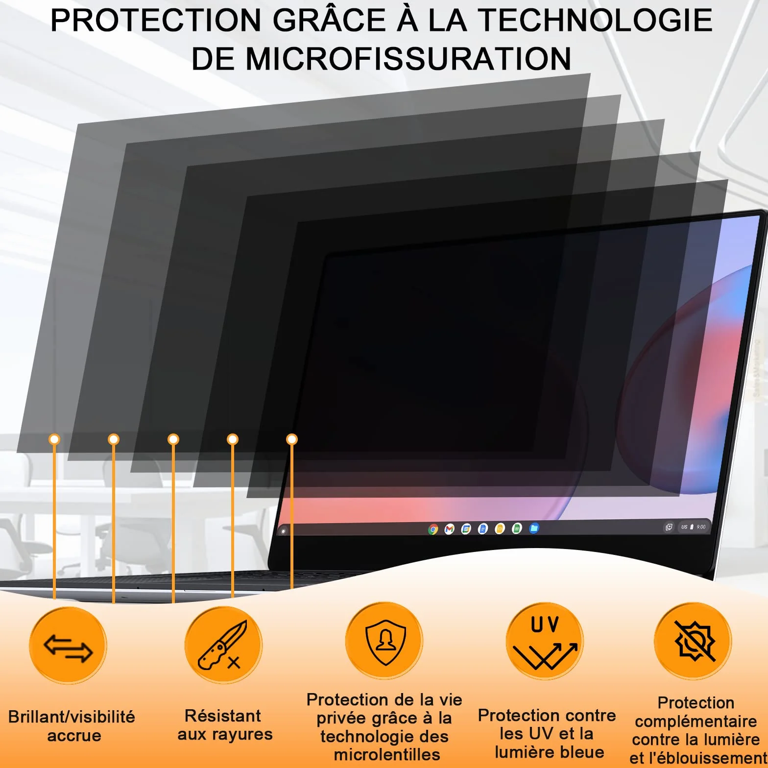 Filtre de Confidentialité 16 Pouces 16:10, Protection Écran Anti-Lumière Bleue Amovible pour Ordinateur Portable HP/Dell/Acer/Lenovo/Thinkpad/Samsung/ASUS/LG