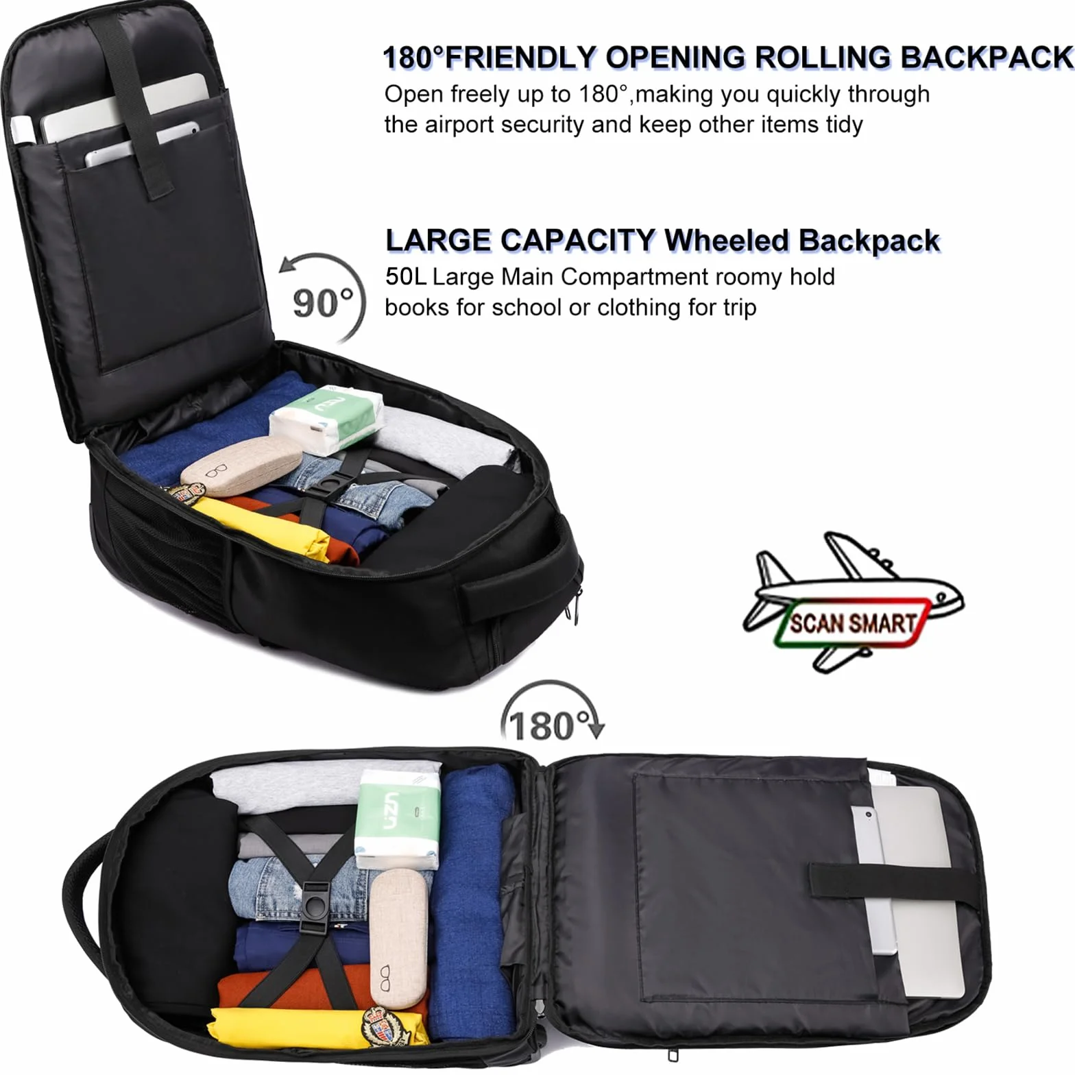 Sac à Dos à Roulette 18,4" Ordinateur Portable Trolley Voyage Grand Volume Antivol Résistant à l'eau Homme Femme Noir