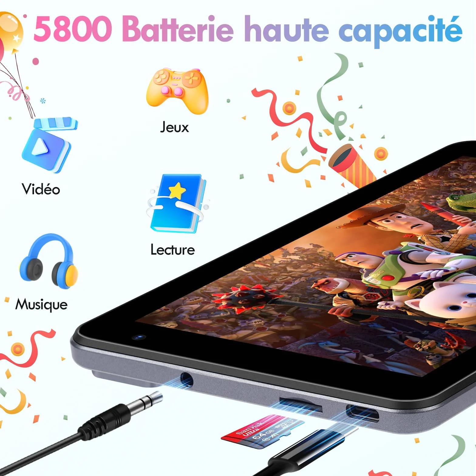 Tablette Enfants 7 Pouces Android 13 8Go RAM 64Go ROM Octa-Core Caméra HD Contrôle Parental Housse Silicone Bleu