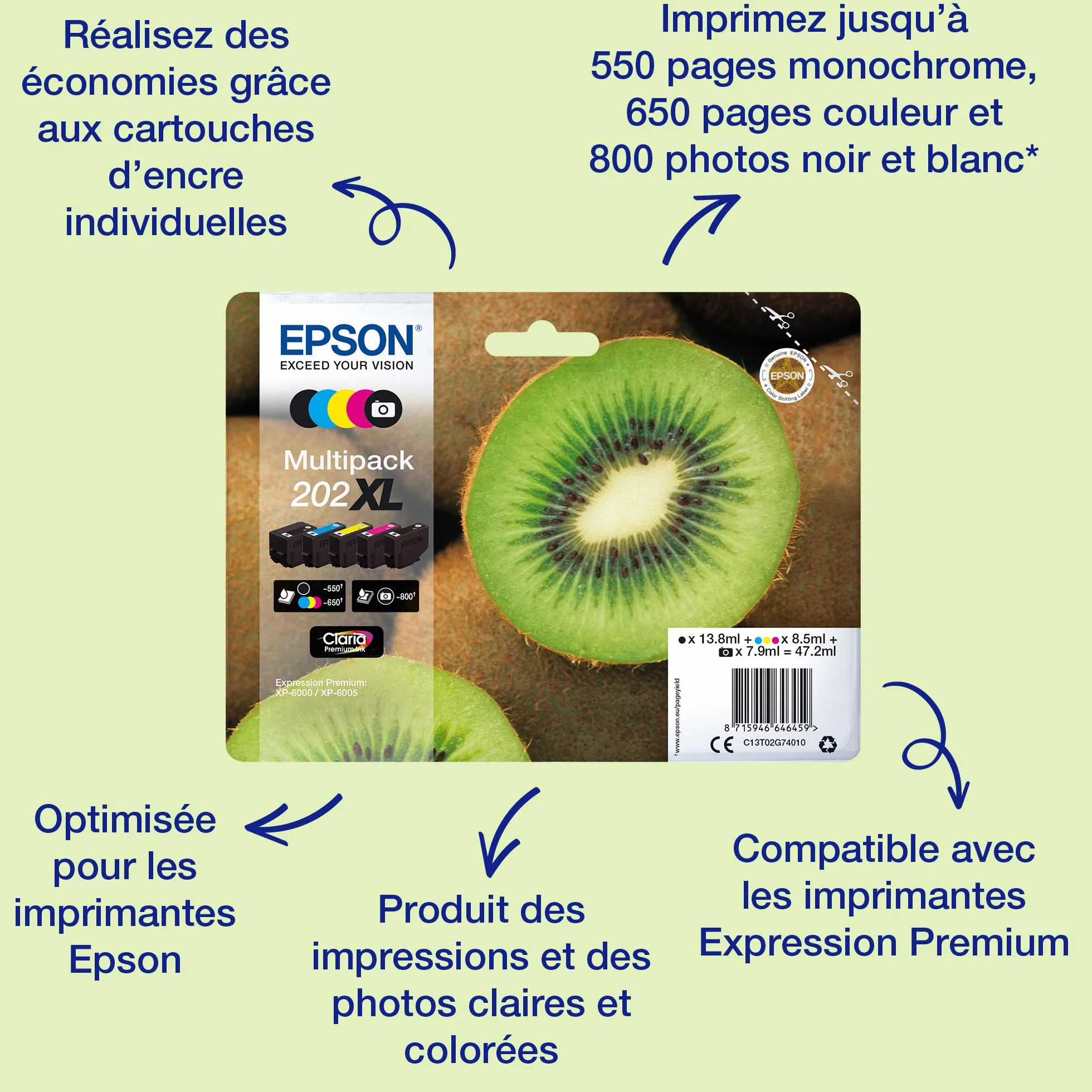 Epson 202 Kiwi Genuine Multipack 5-Colours Ink Cartridges Claria Premium Ink Standard Capacity