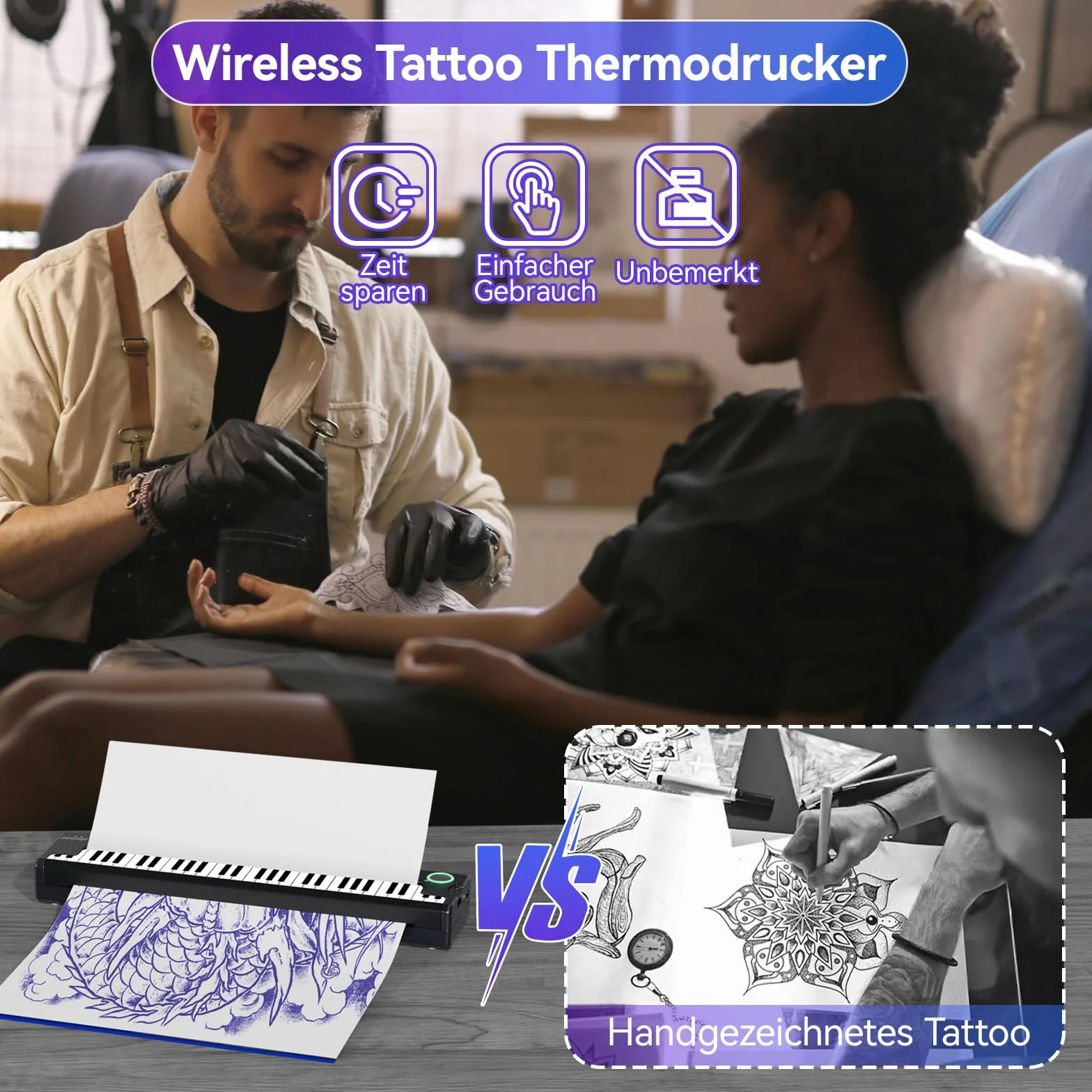 PeriPage Imprimante Tatouage Transfert pour Débutants Artistes, Thermocopieur Compatible Phone PC Bluetooth avec 5 Papiers Transfert