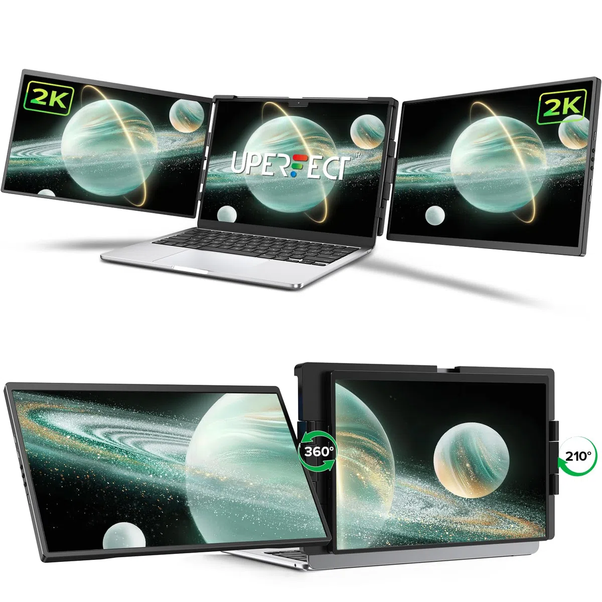 UPERFECT 2K 14" 360° Swivel Hinge Triple Monitor, 2240x1400 QHD IPS Portable Dual Monitor for 13.3"-17.3" Laptops