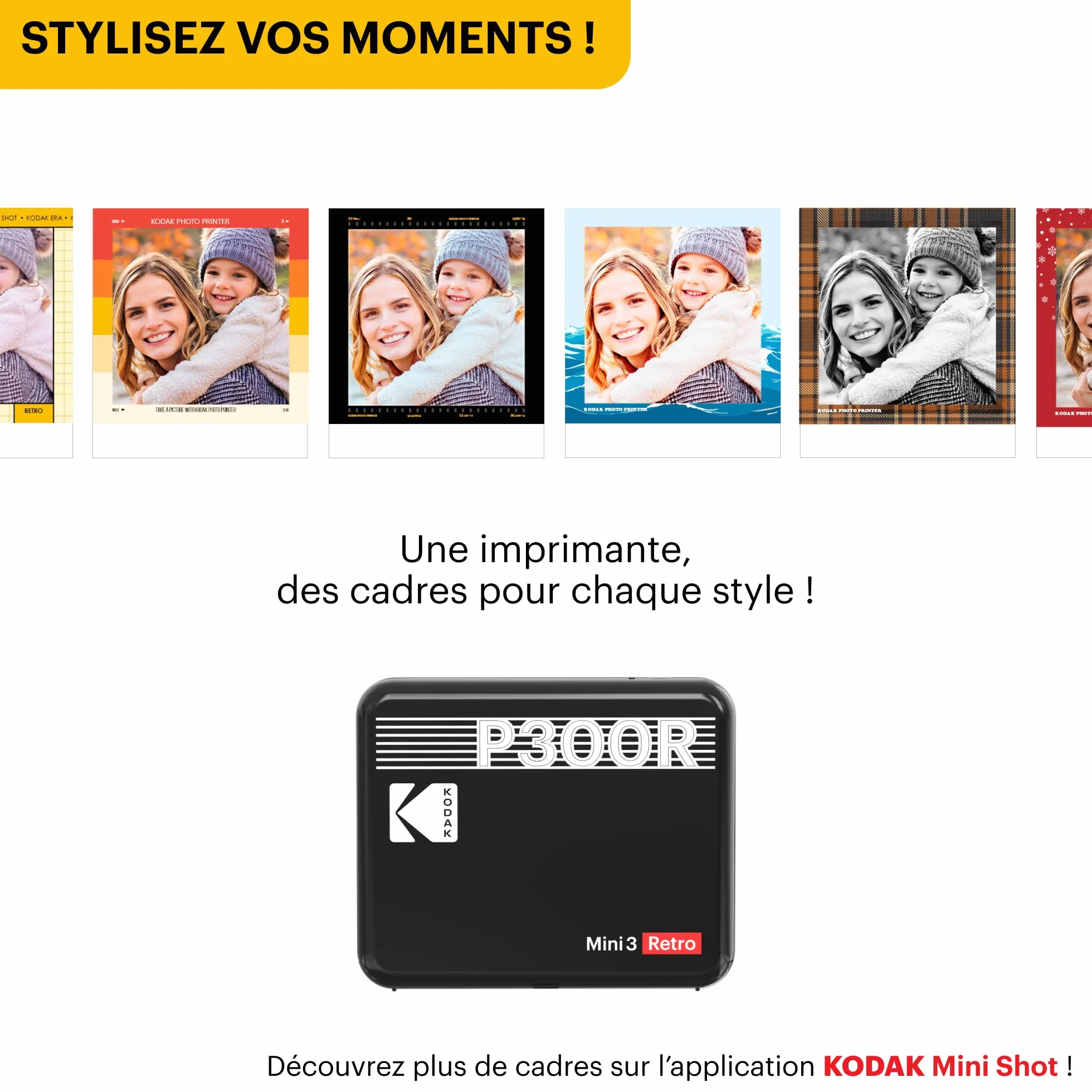 KODAK Mini 3 Retro 4PASS Imprimante Photo Portable 7,6x7,6cm Jaune