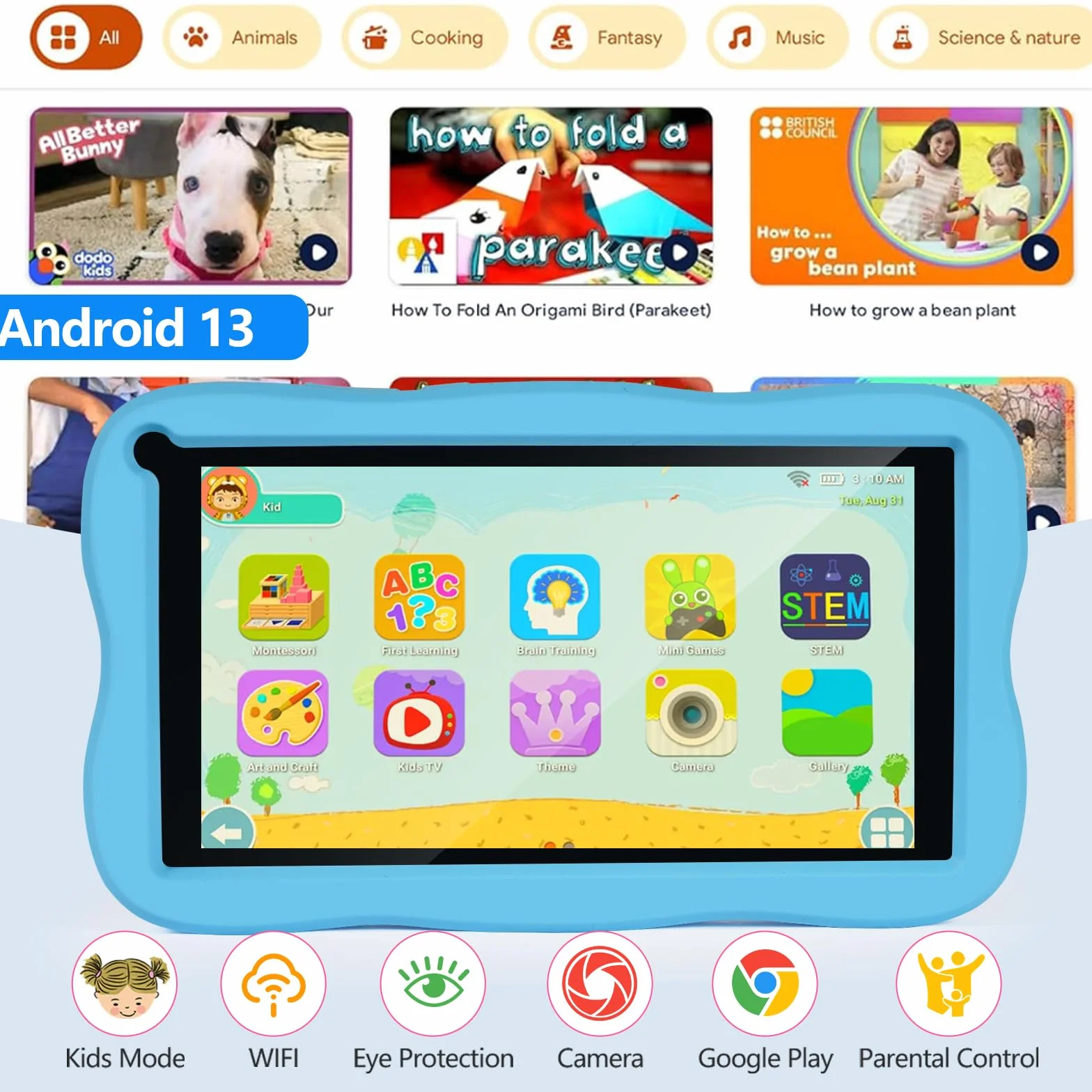 Tablette Enfants 7 Pouces Android 8GB RAM 64GB ROM TF 256GB Contrôle Parental WiFi Bluetooth Tactile Éducative Kid-Proof Étui Bleu