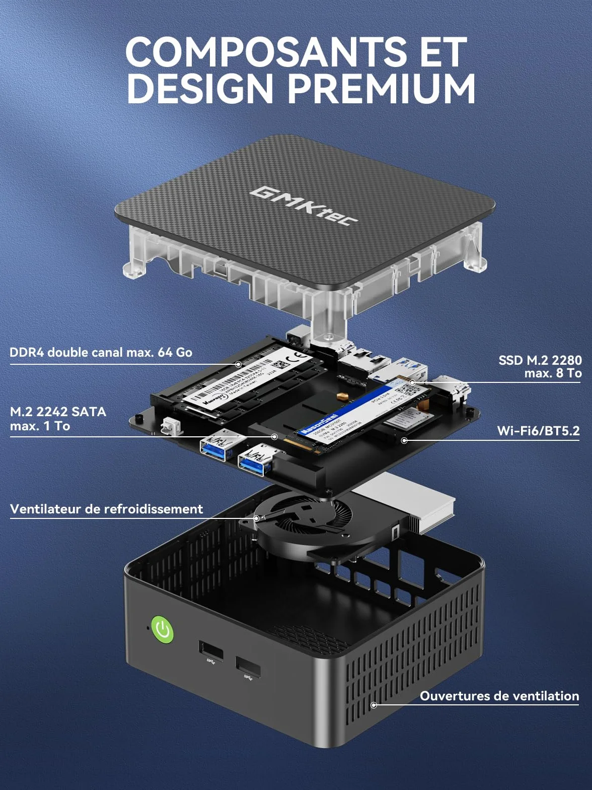 GMKtec Mini PC G3 Pro Intel Core i3-10110U 16 Go RAM DDR4 SSD PCIe 256 Go 2*HDMI 4K USB 3.2 WiFi 6 BT 5.2 2.5GbE LAN