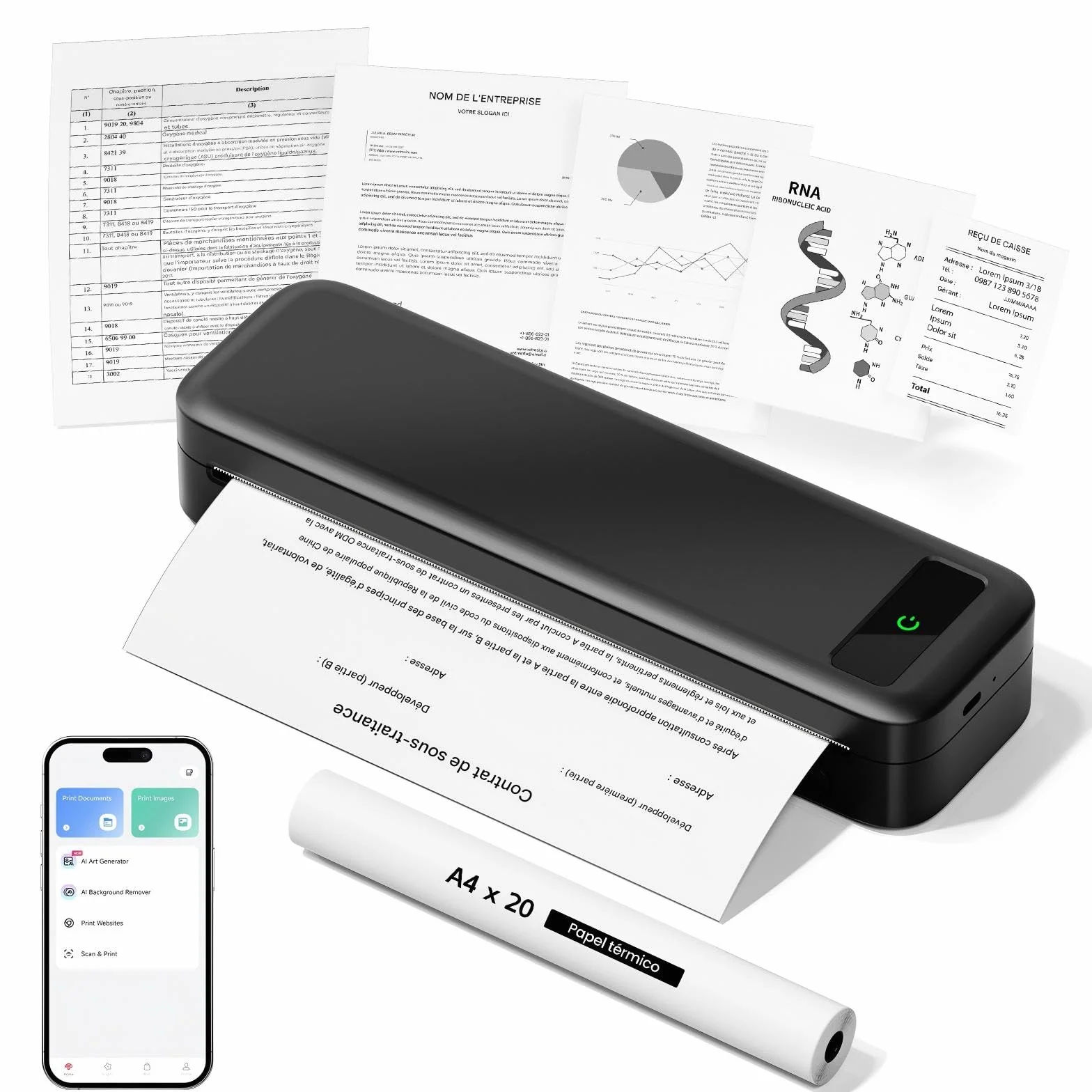 Imprimante Thermique Portable A4 sans Encre Bluetooth sans Fil Compatible iOS Android Mini Imprimante Papier Thermique 216/210/110/80/53mm Noir