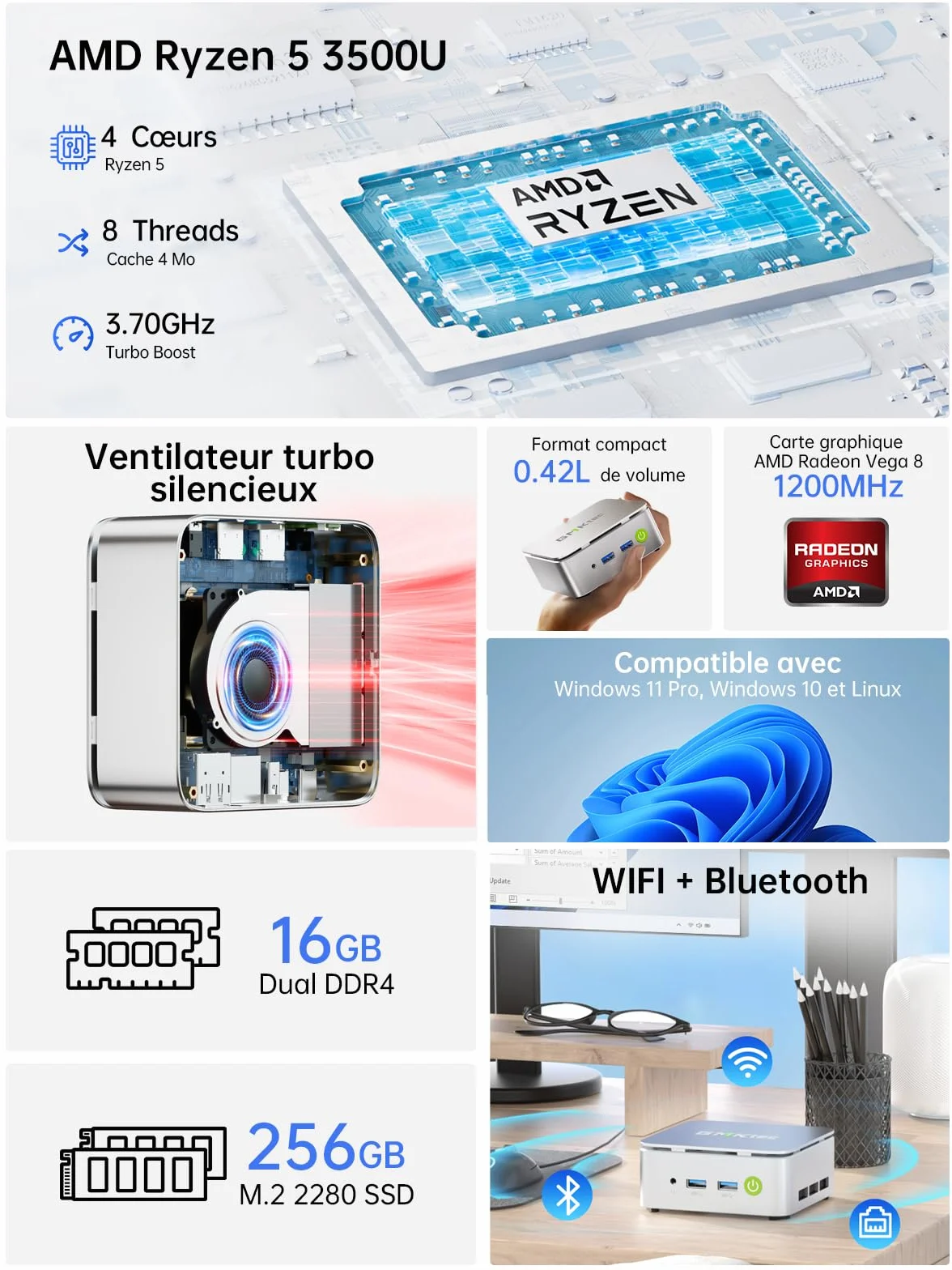 GMKtec NucBox G10 Mini PC Ryzen 5 3500U 16Go DDR4 256Go SSD USB-C WiFi 5 BT 5.0 W11 Pro