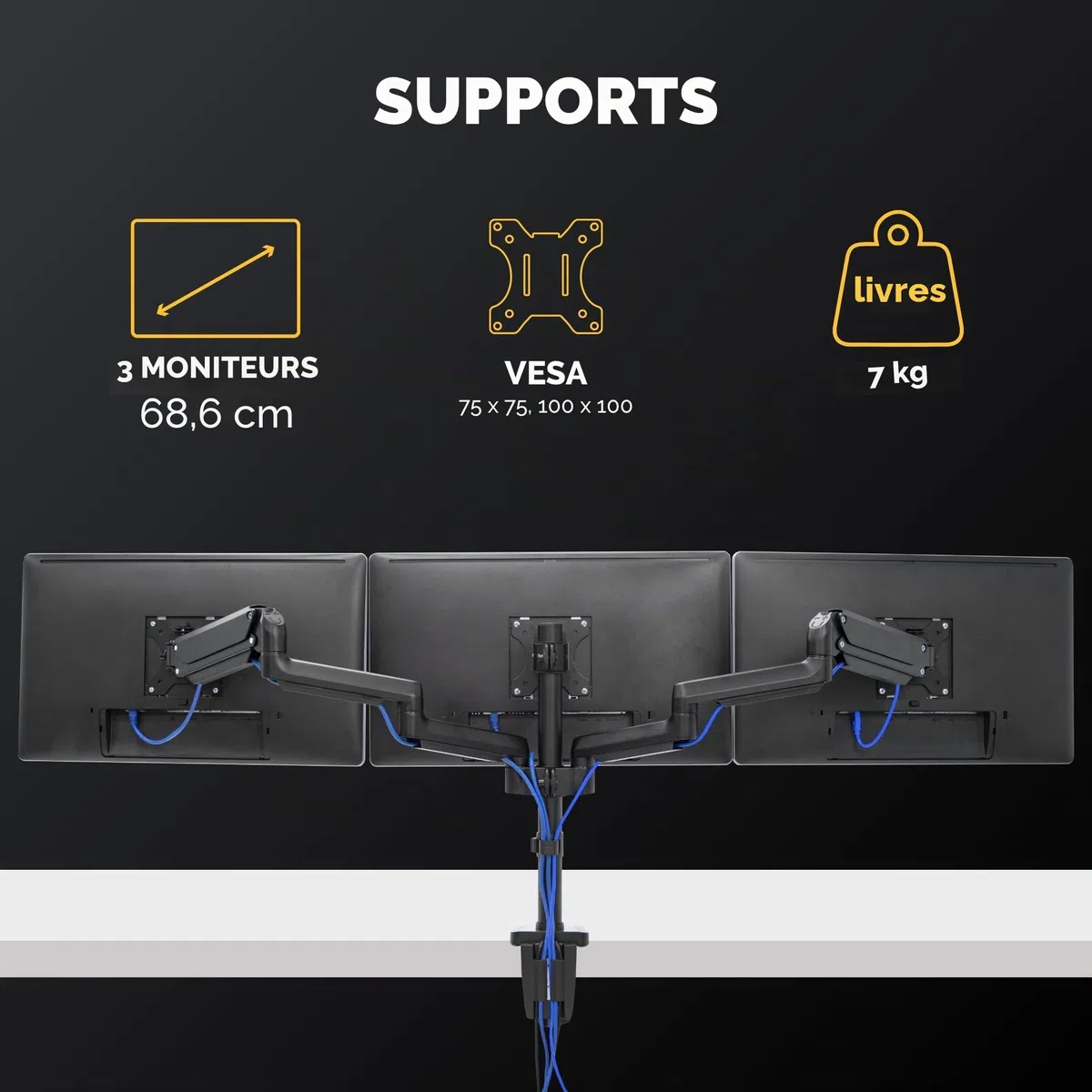 Fellowes Bras Porte Écrans Platinum Triple pour 3 Moniteurs Jusqu'à 27", Portrait Ou Paysage, Norme VESA, 2 Ports USB