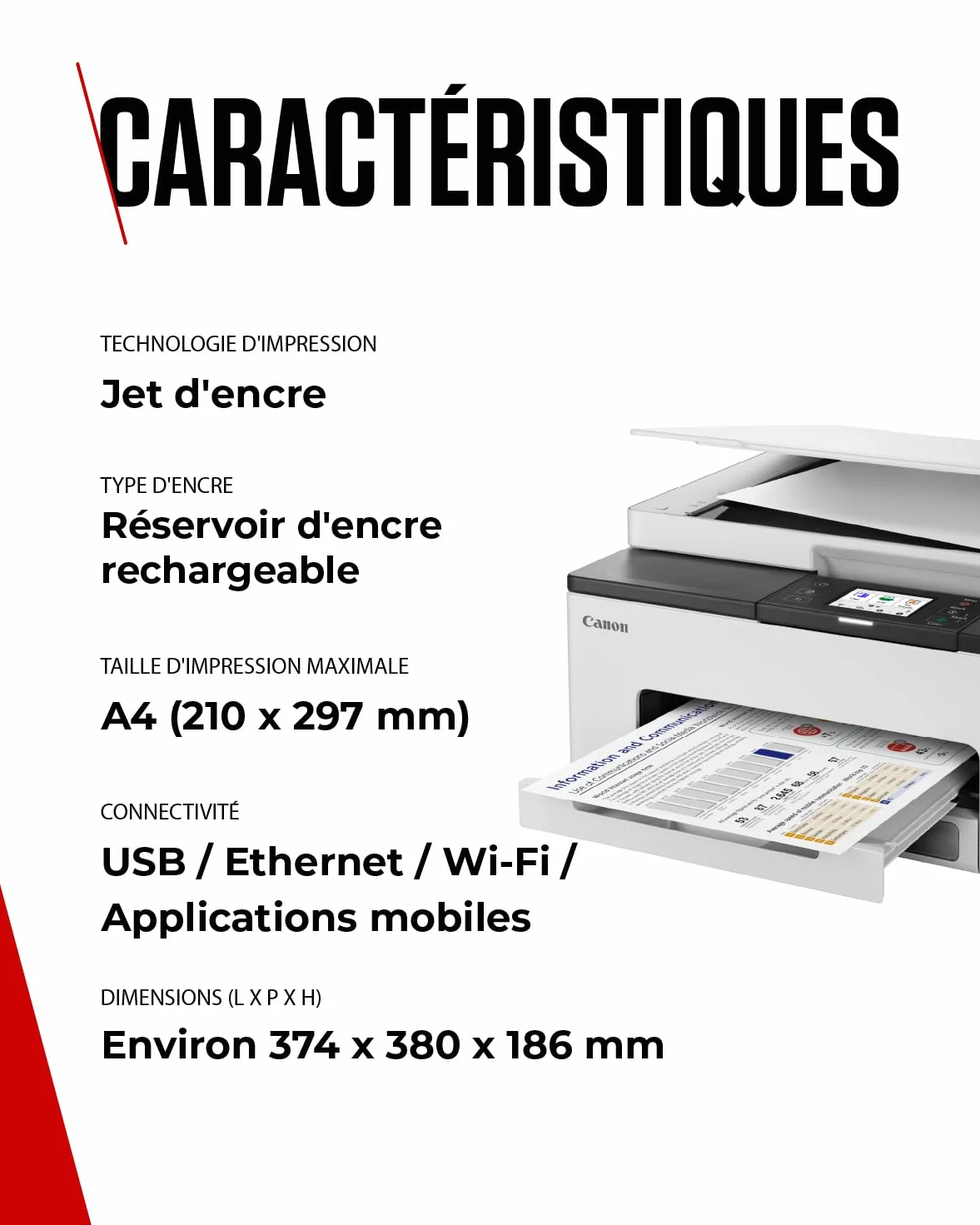 Canon MAXIFY GX1051 Imprimante A4 Couleur Jet d'encre MegaTank Tout-en-Un Wi-Fi Ethernet USB 6 Bouteilles d'encre