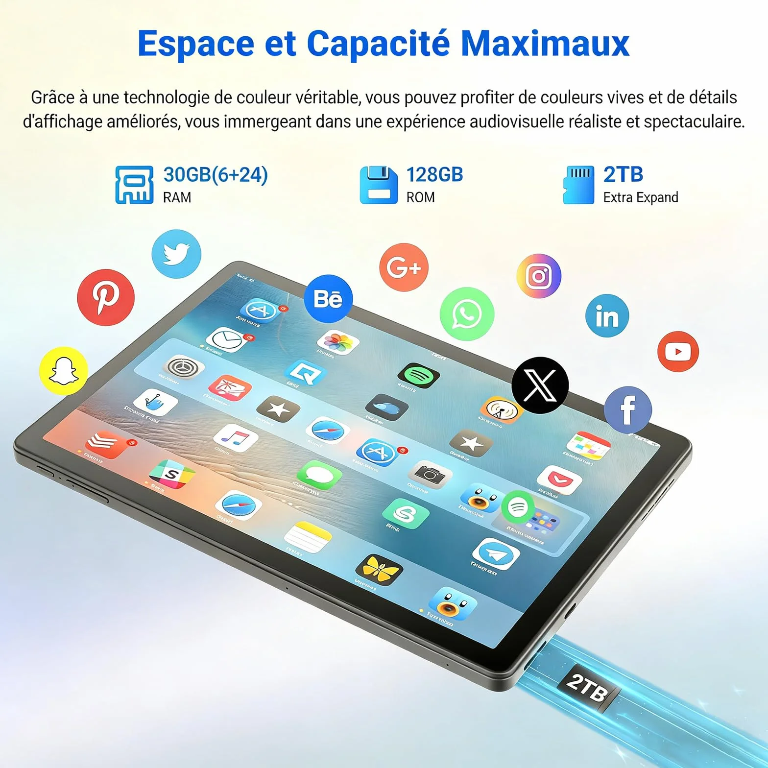 Tablette 10 Pouces Android 15 30Go RAM 128Go ROM Octa-Core 6200mAh WiFi 6 BT 5.3 Noir