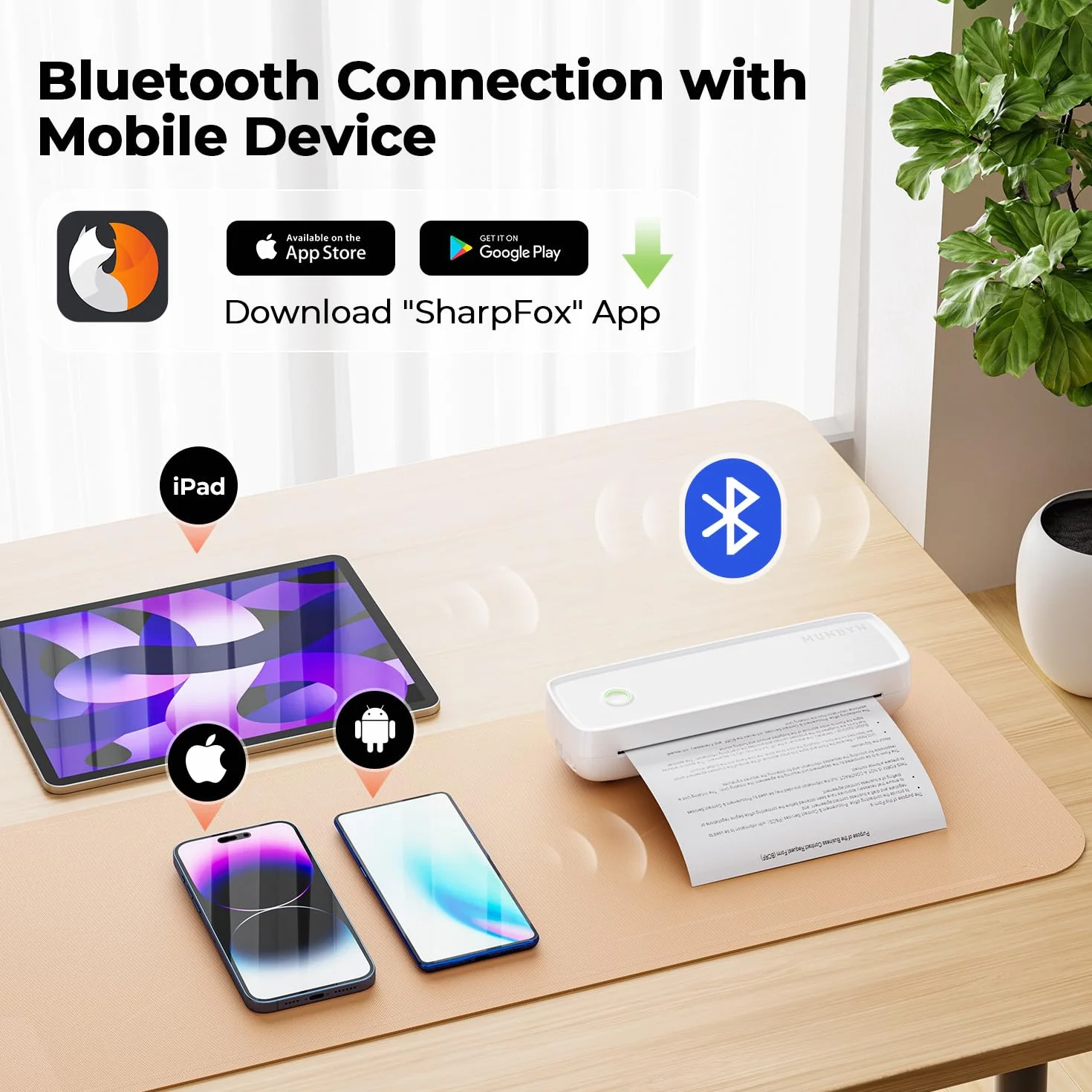 MUNBYN ITP04 Imprimante Thermique A4 Bluetooth Portable sans Encre, Compatible Android iOS, Blanc
