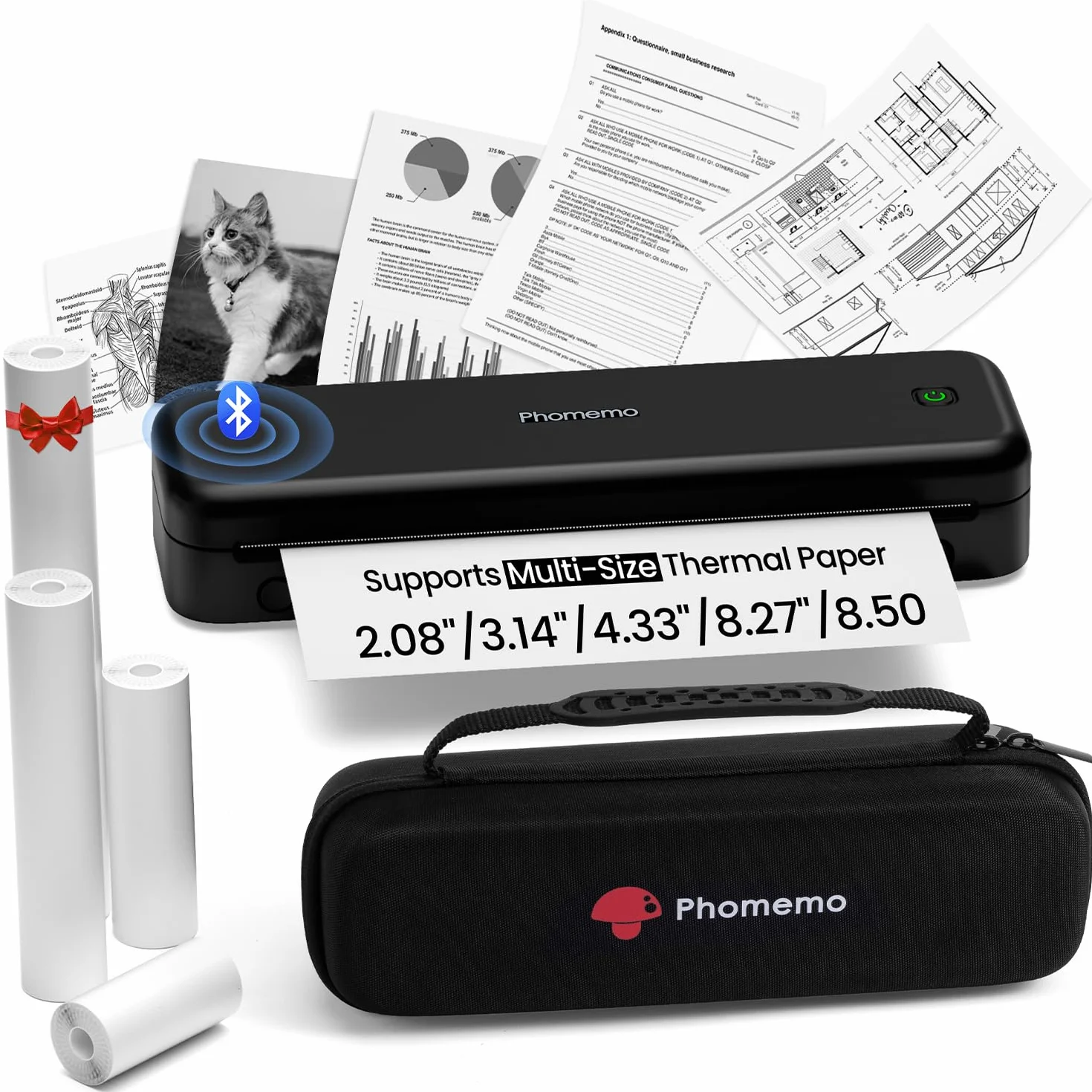 Phomemo M834 Imprimante Thermique A4 sans Encre Bluetooth USB Portable avec Mallette et Papier Noir