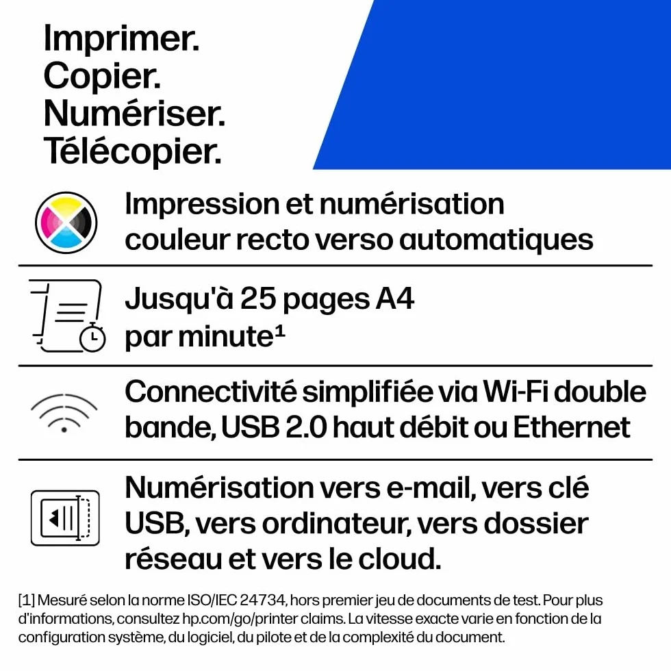 HP Color LaserJet Pro 3302fdw Imprimante Multifonction A4 Recto/Verso Automatique Couleur 25 ppm USB Wi-Fi Fax Copie ADF Bleue