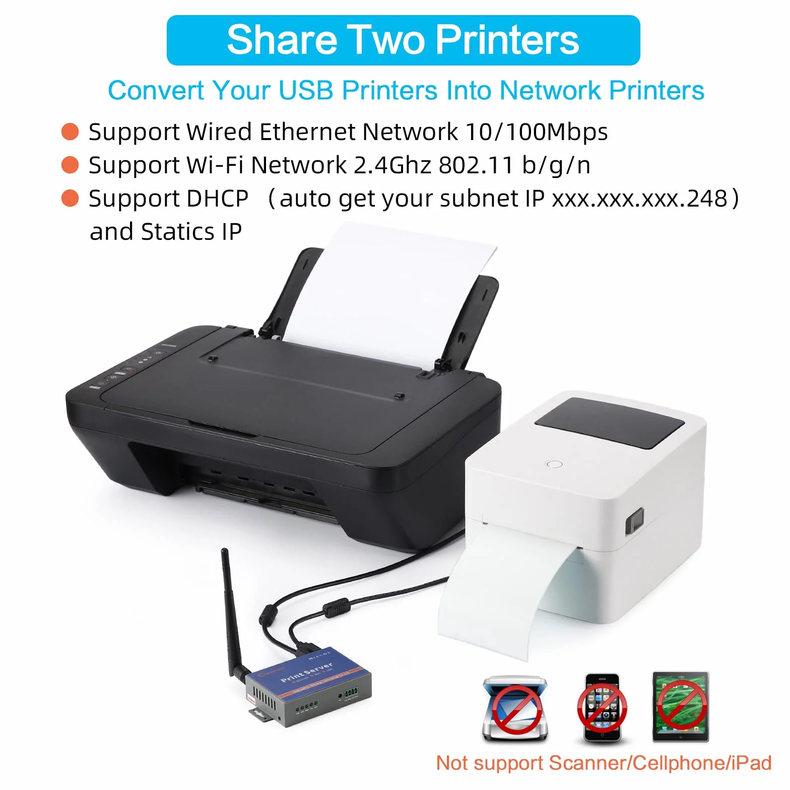 Serveur d'impression sans fil 2 ports USB pour imprimante Ethernet WiFi