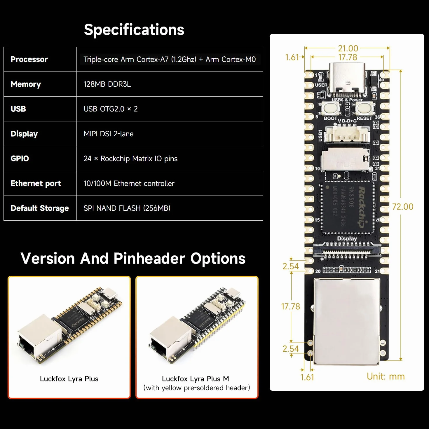 Waveshare Luck-Fox Lyra Plus RK3506G2 Linux Micro Development Board, Tripe-Core Arm Cortex-A7 and Arm Cortex-M0, Ethernet Port