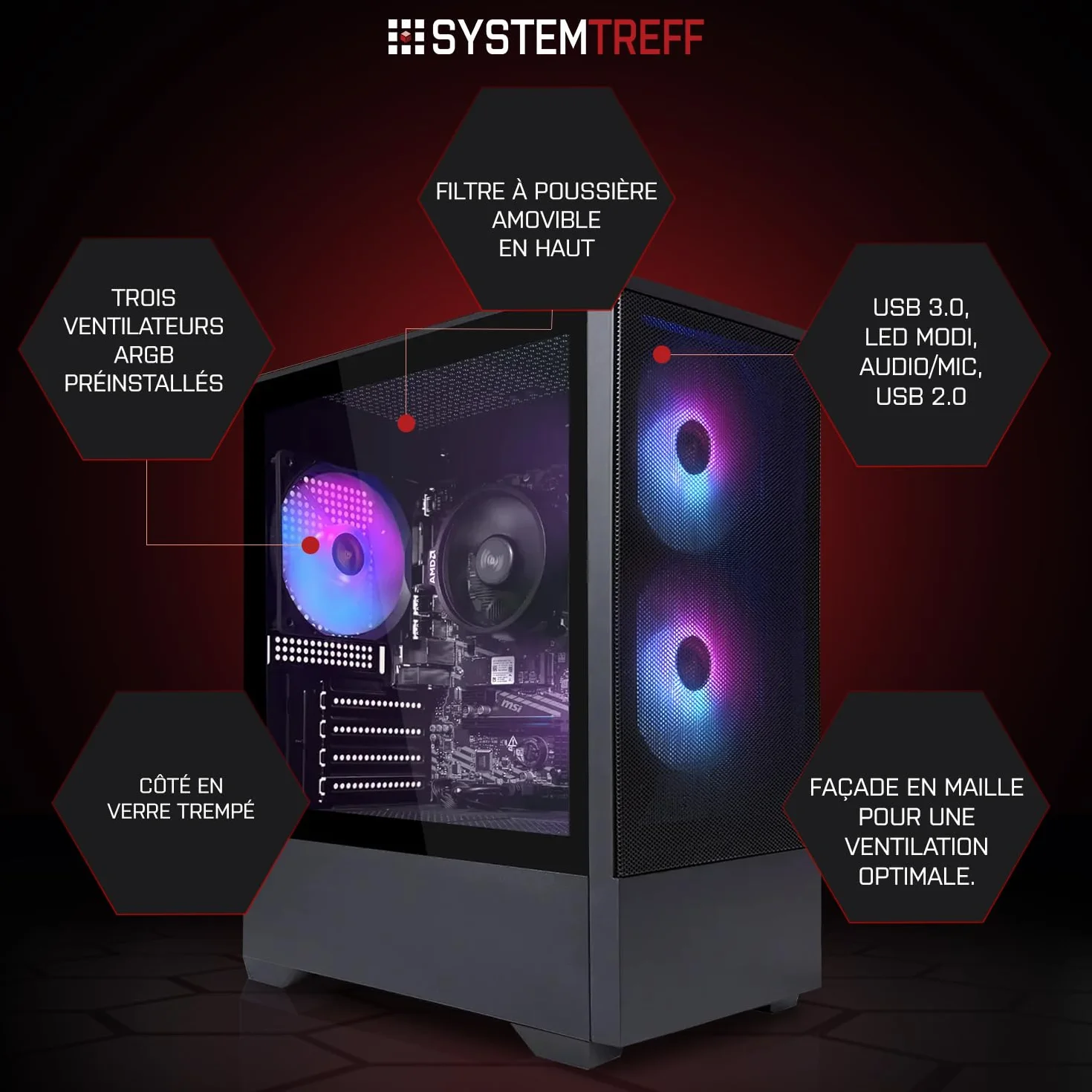 PC Gamer AMD Ryzen 5 5500 Nvidia RTX 3050 6Go 512Go M.2 NVMe 16Go DDR4 RAM Ordinateur de Bureau WLAN