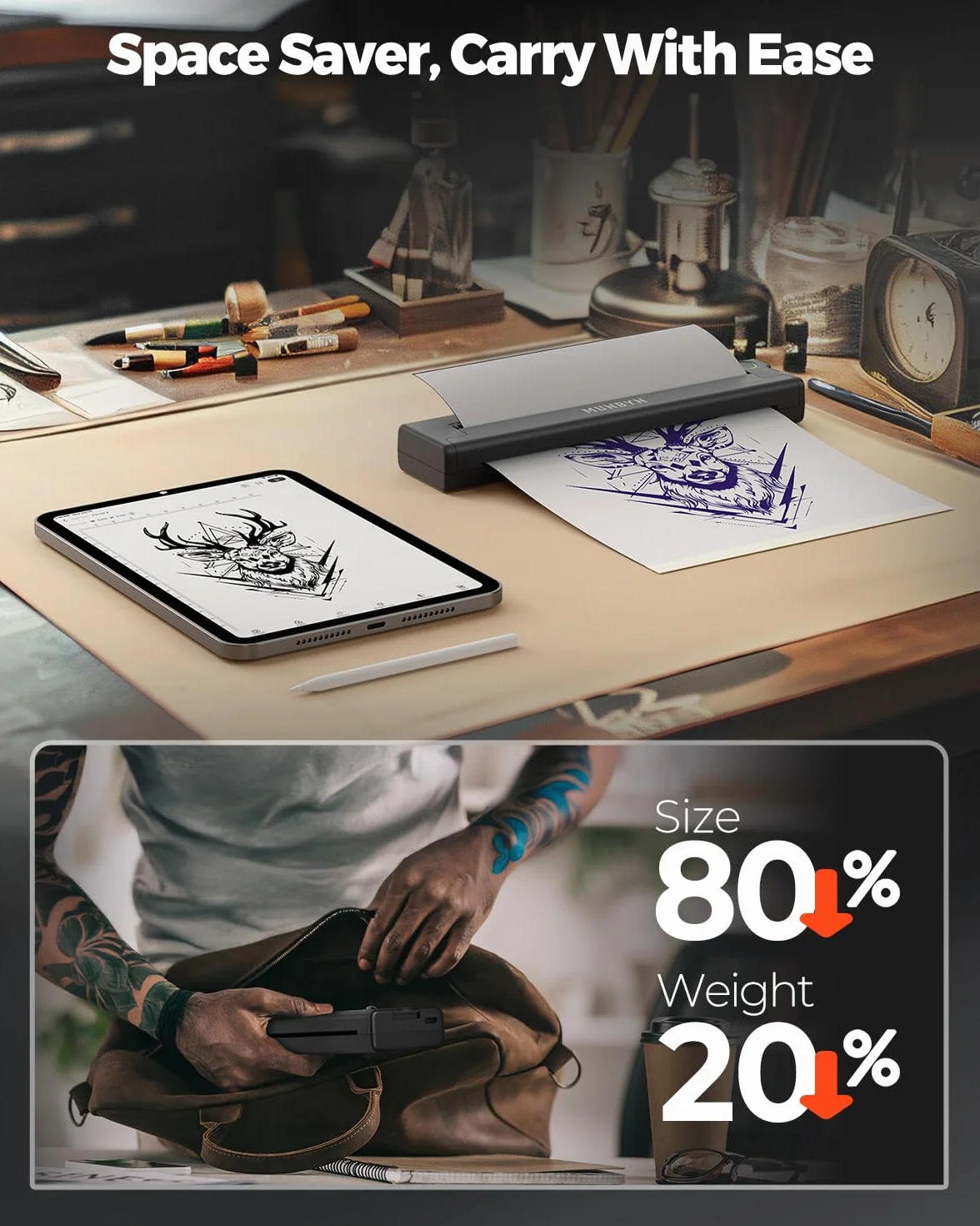 MUNBYN Thermocopieur Tatouage Bluetooth ITP05 20 Feuilles Papier Transfert Imprimante Stencil Tatouage Machine Copieur Noir