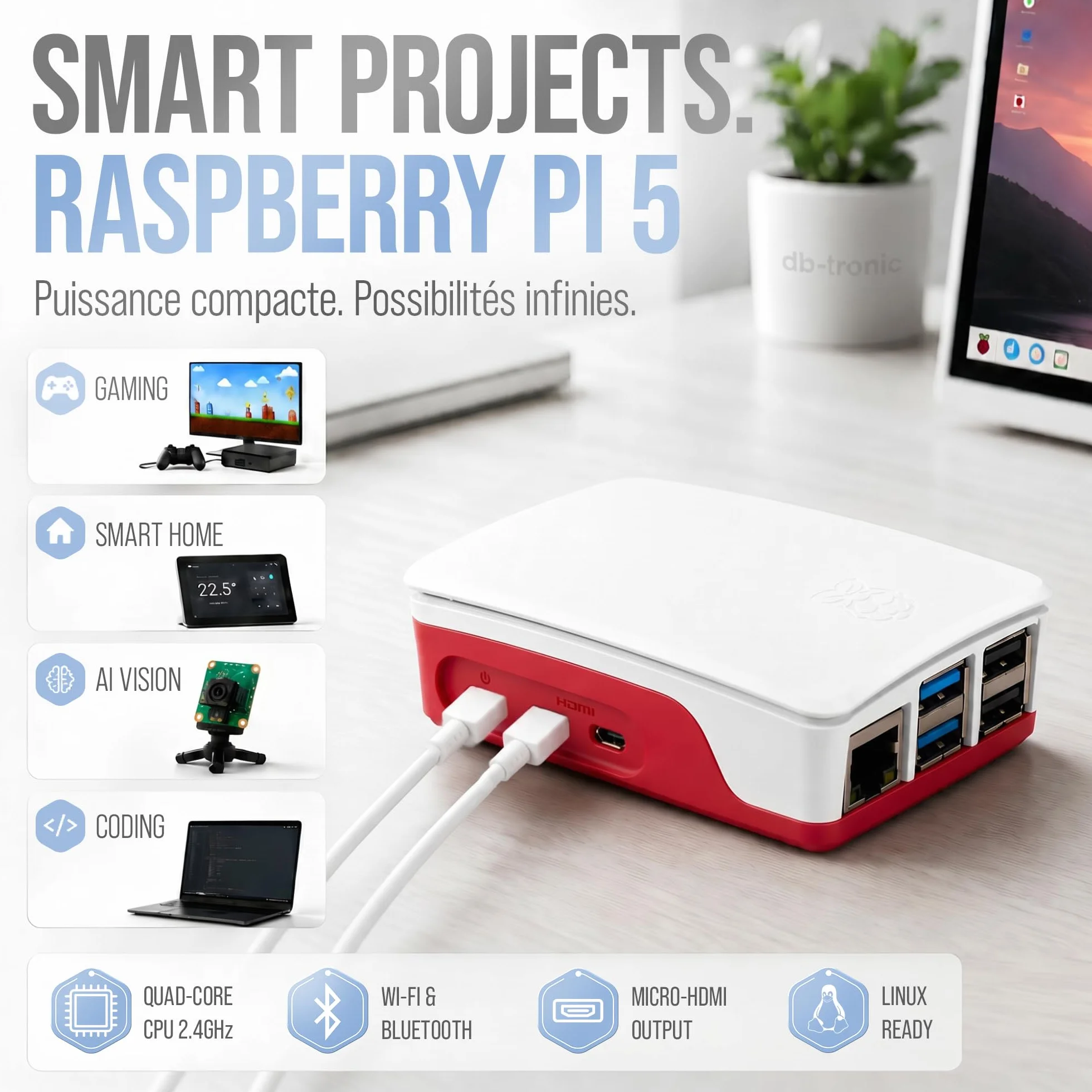 Raspberry Pi 5 1 Go Starter Kit Édition 64 Go Alimentation 27 W Boîtier Ventilateur Micro HDMI 4K Dissipateur alu
