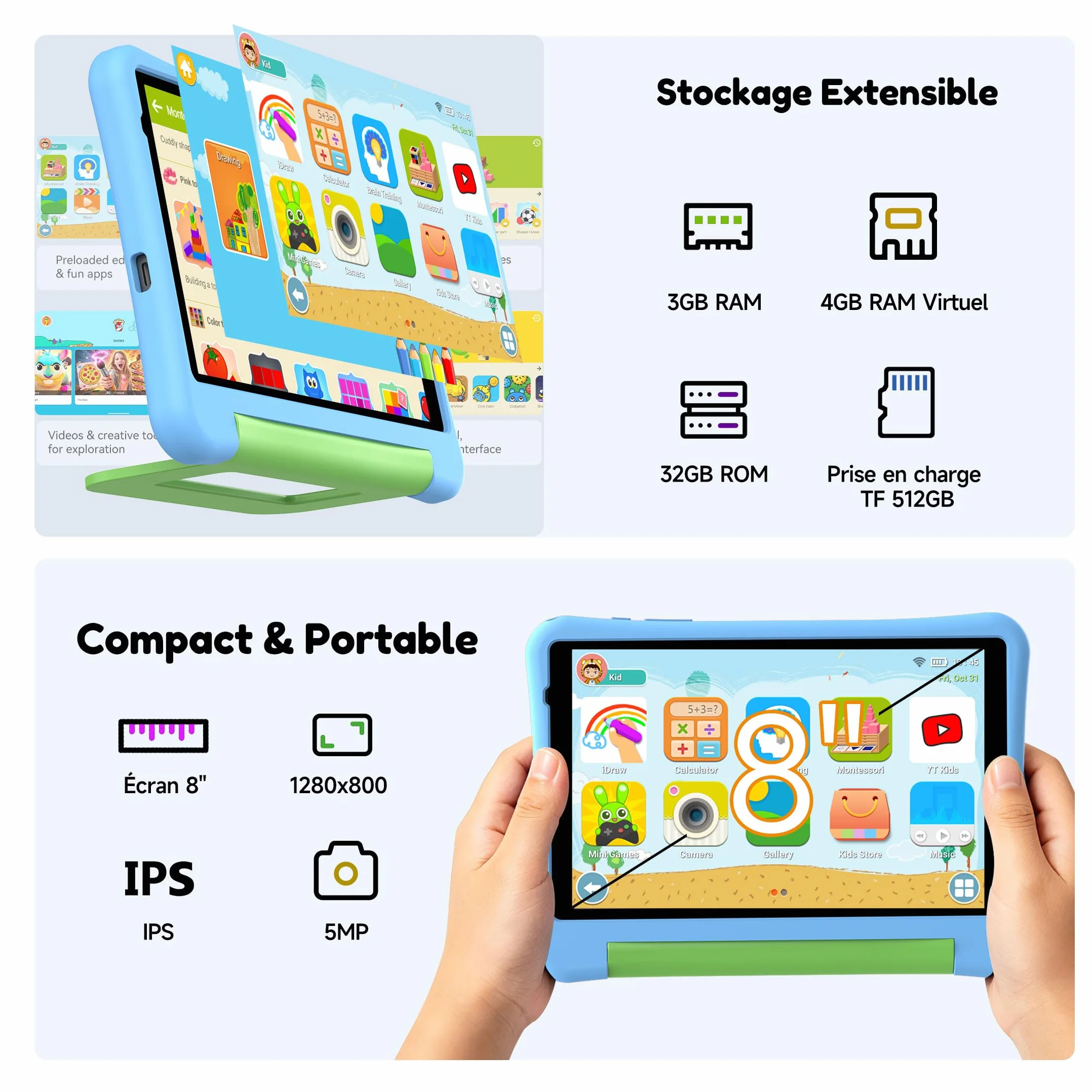 ALLDOCUBE Tablette Enfants 8 Pouces Android 15 Éducative T310 32Go ROM 5000mAh WiFi Coque Antichocs Bleu