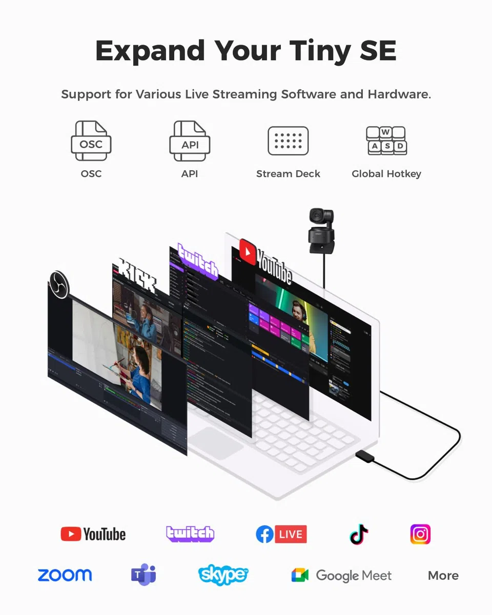 OBSBOT Tiny SE Webcam Full HD 1080P 100FPS USB Suivi AI Microphone Trépied HDR Double ISO Streaming Plug&Play PC Portable Bureau