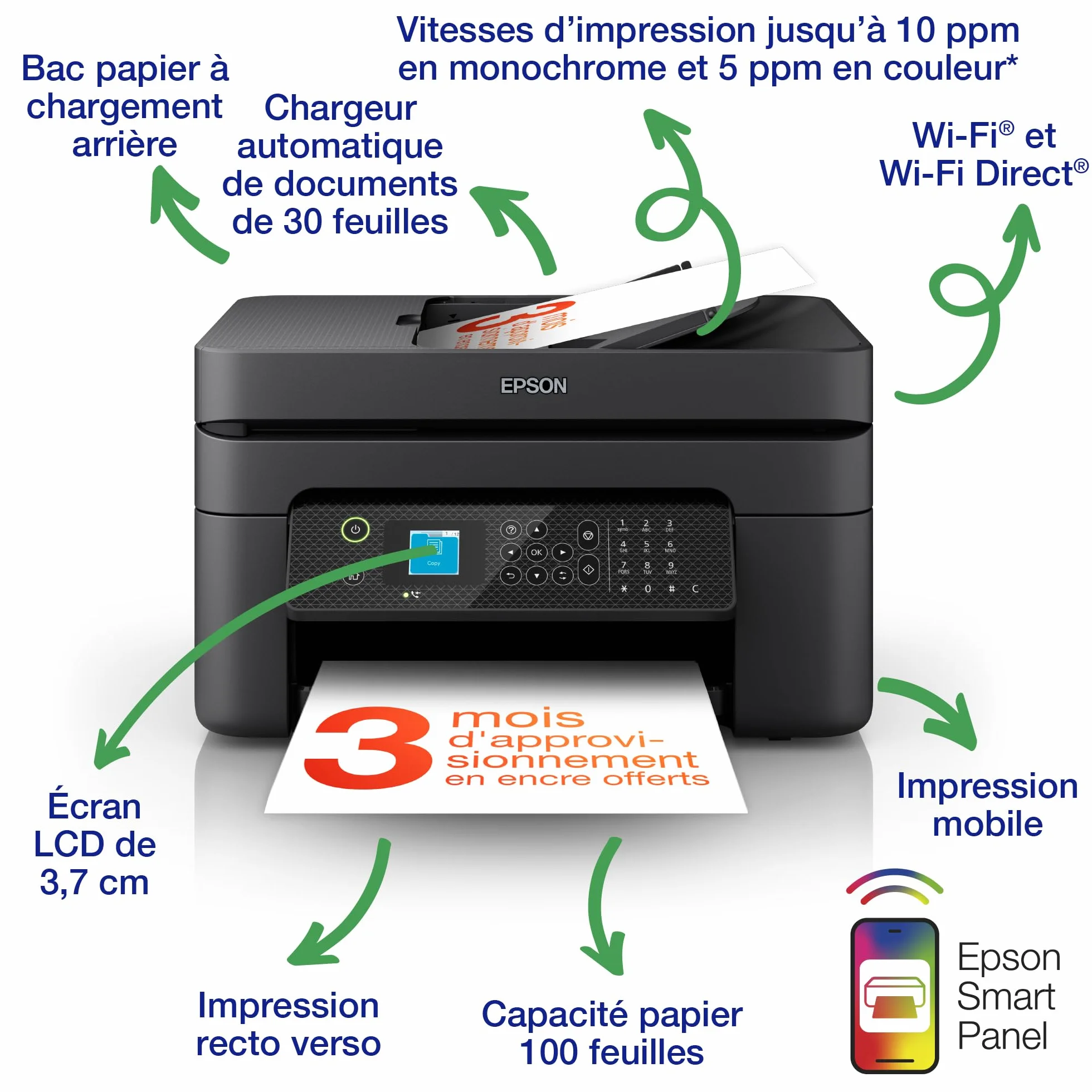 Epson Workforce WF-2930DWF Imprimante 4-en-1 WiFi ADF Recto-Verso Mobile