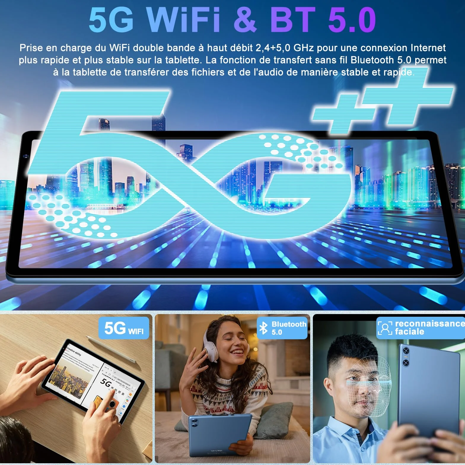Tablette 10 Pouces Android 20Go RAM 128Go ROM Octa-Core 5G WiFi 6 Widevine L1 GMS GPS BT 5.0 6000mAh - Bleu